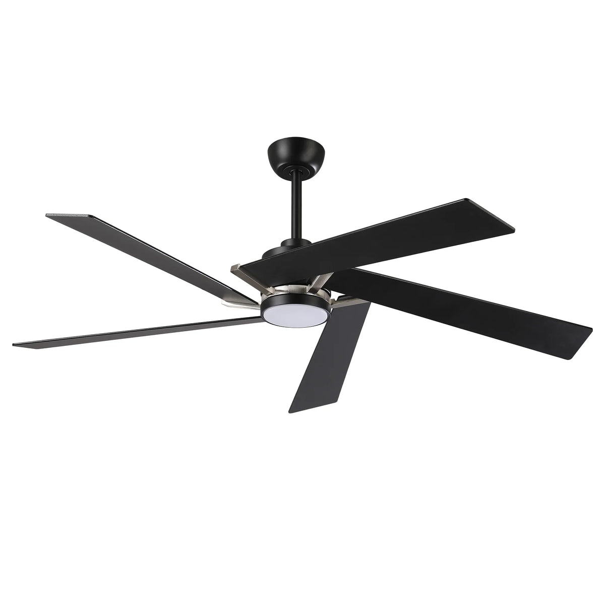 Modern matte black ceiling fan with five blades and an integrated LED light