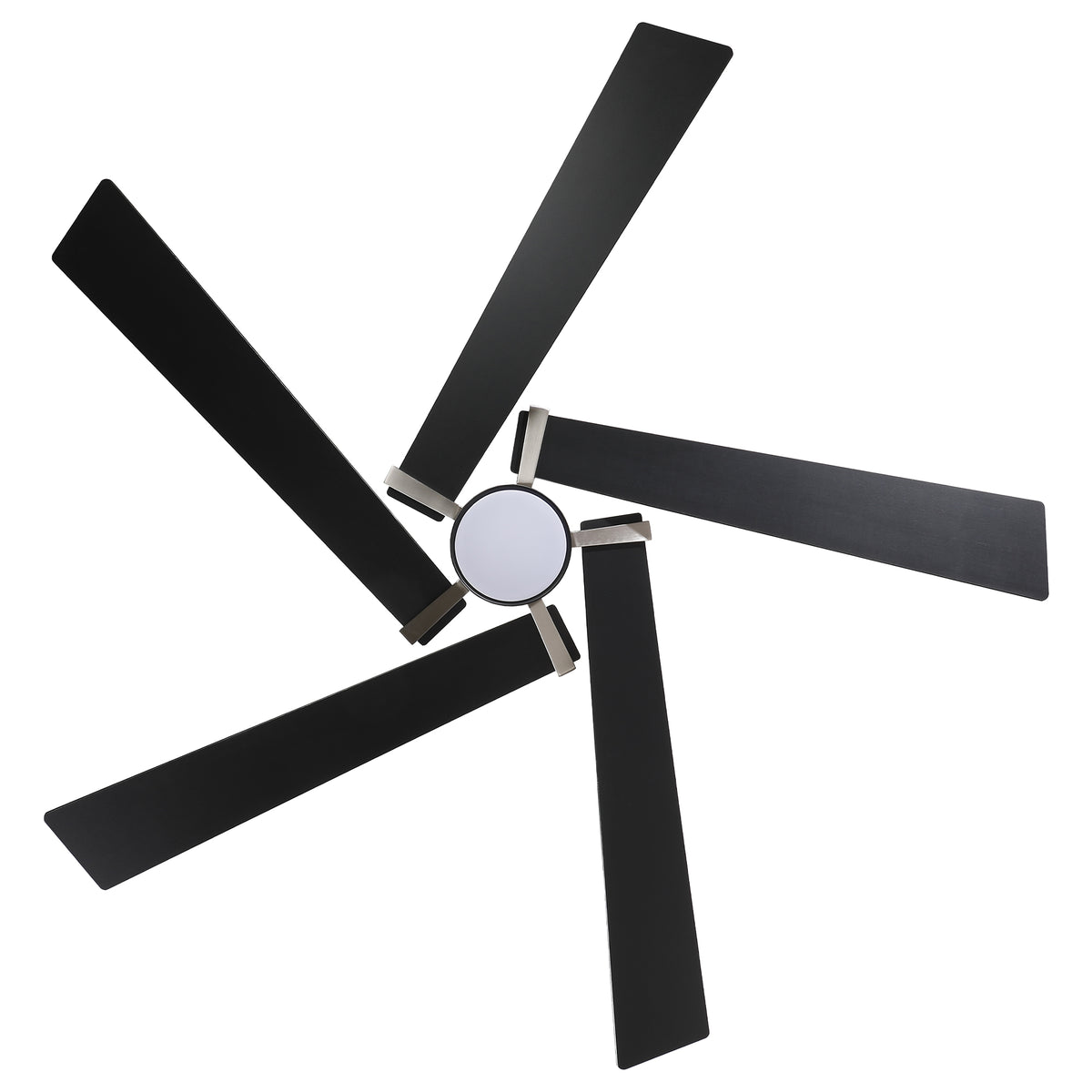 Modern five-blade black ceiling fan with a silver center hub.