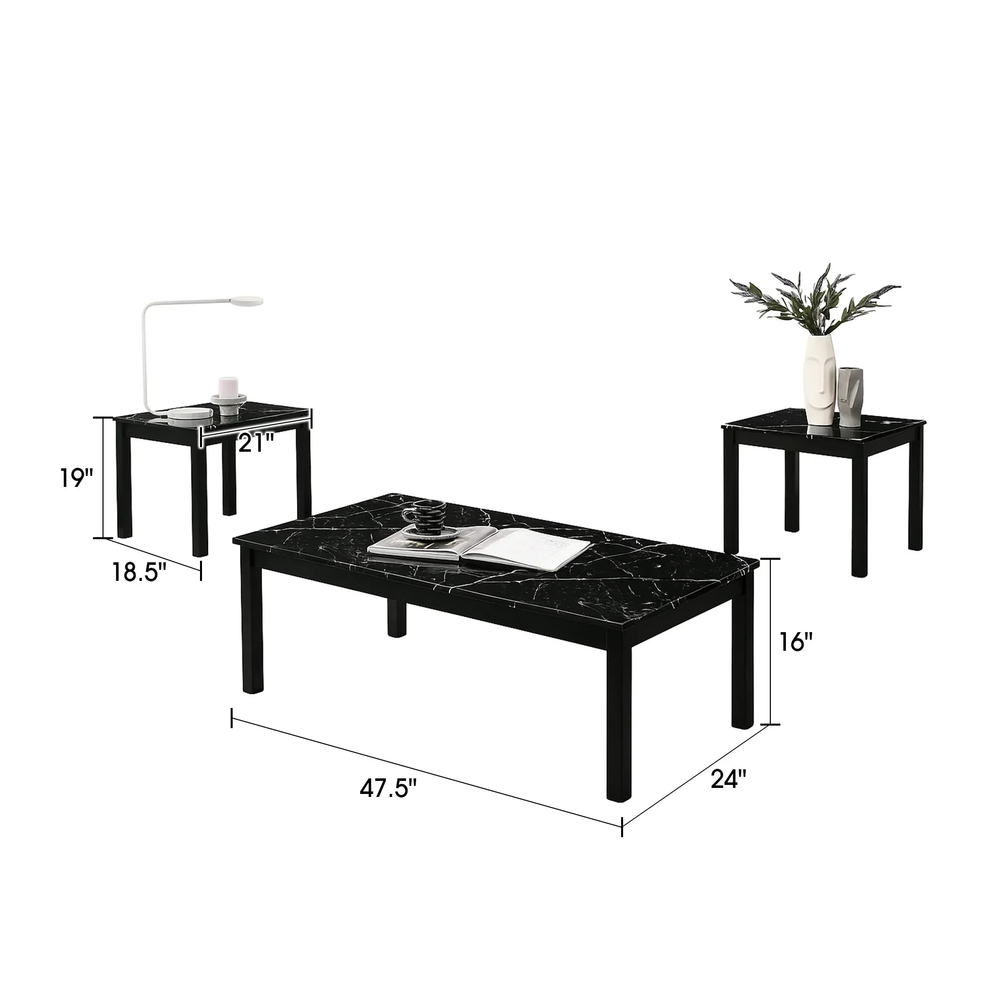 Findlay 3-Piece 47.5 in. Rectangle Faux Marble Top Coffee Table Set with Solid Wood Legs