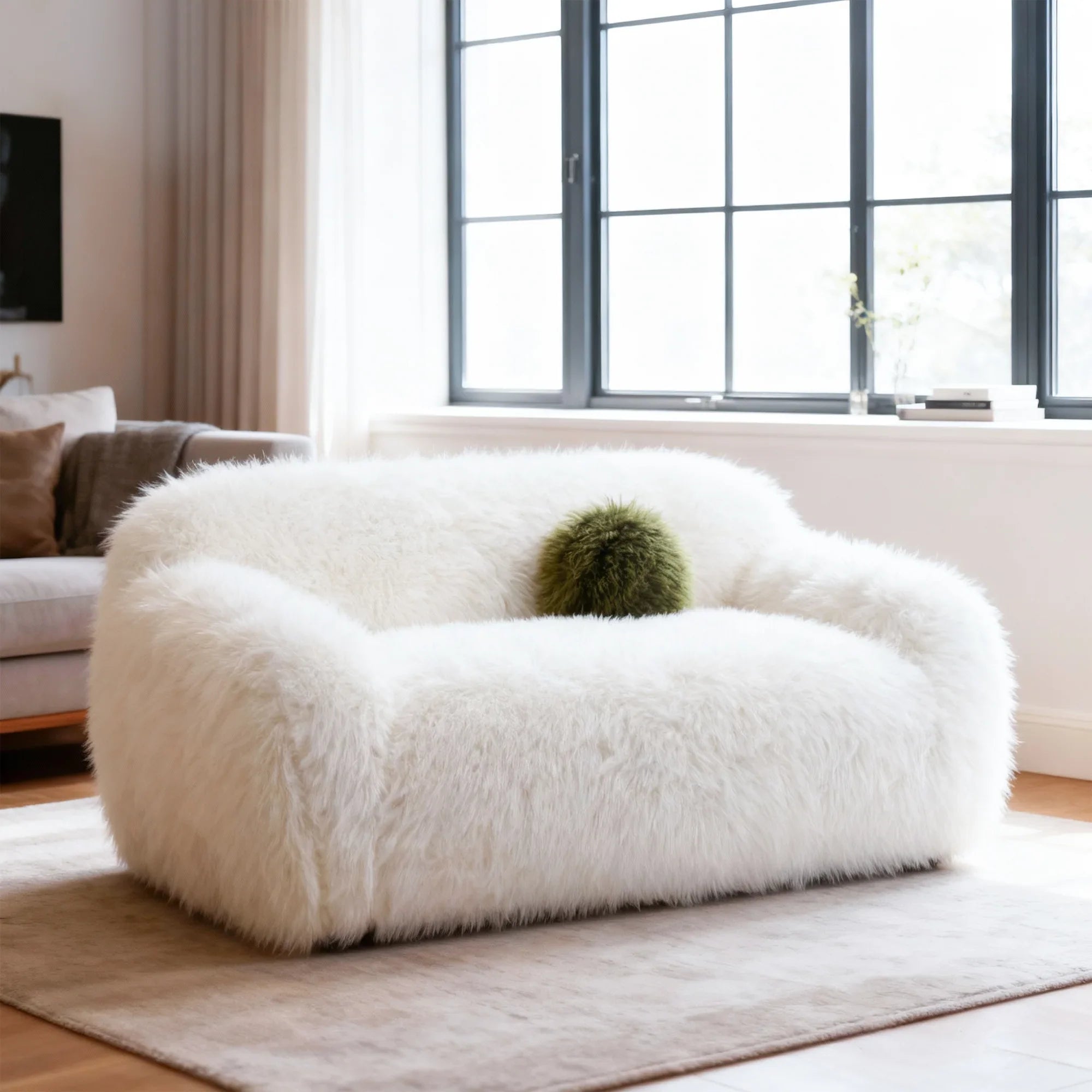 66 Inch Darwen Modern Faux Fur Loveseat with Ball Pillow