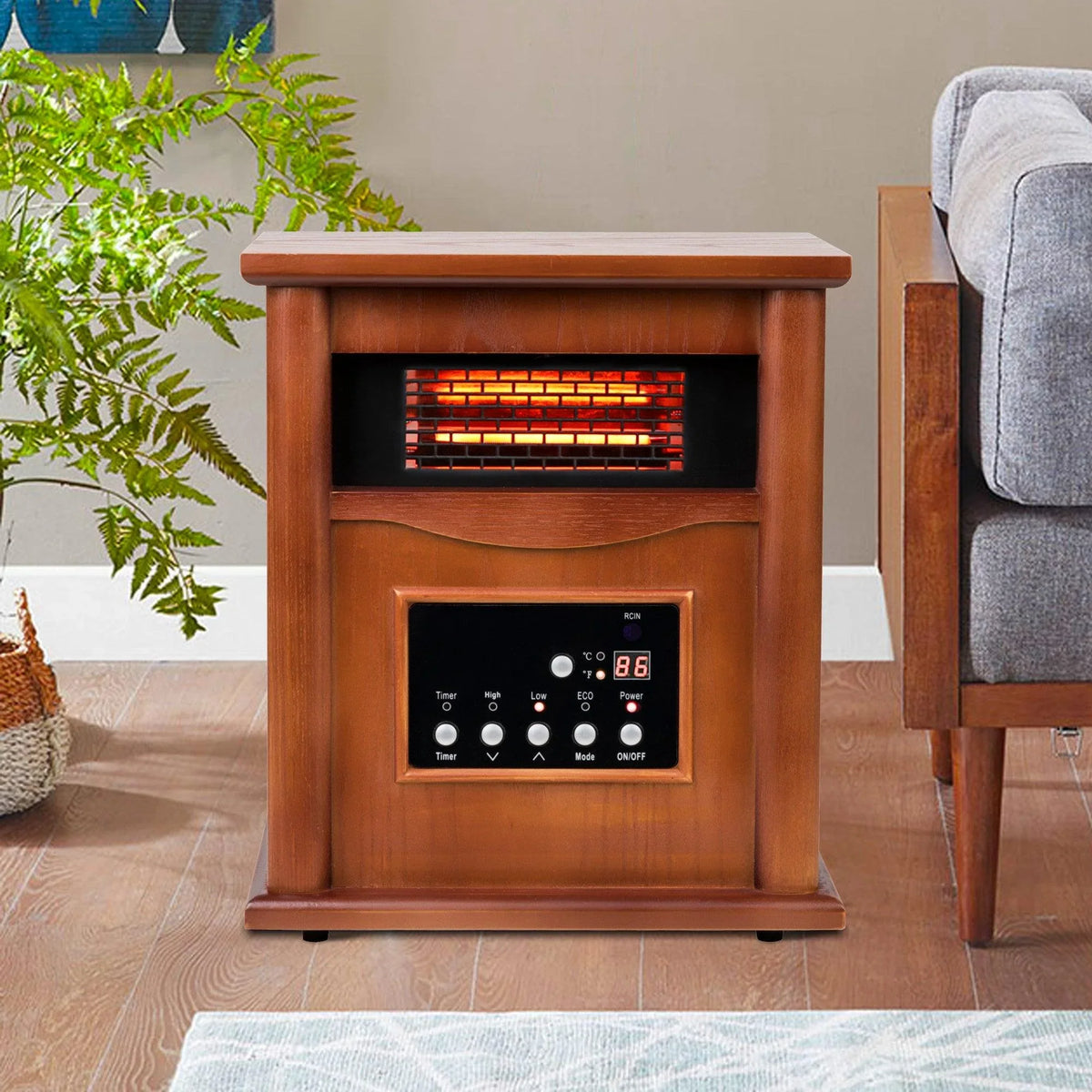 1500-Watt Electric Cabinet 4 Quartz Infrared Heater Wood with LED Digital Screen, Remote Control and Timer