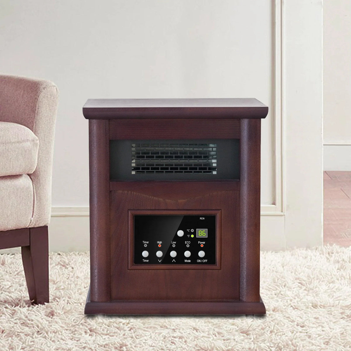 1500-Watt Electric Cabinet 4 Quartz Infrared Heater Wood with LED Digital Screen, Remote Control and Timer