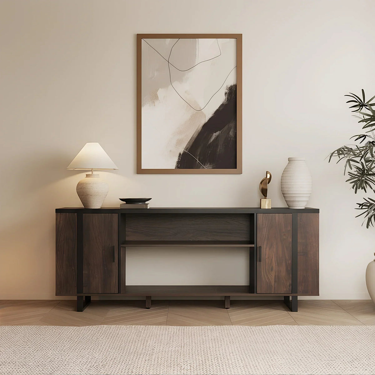 72 Inch Both Sides Open Shelves TV Stand with 36 Inch Electric Fireplace for Living Room