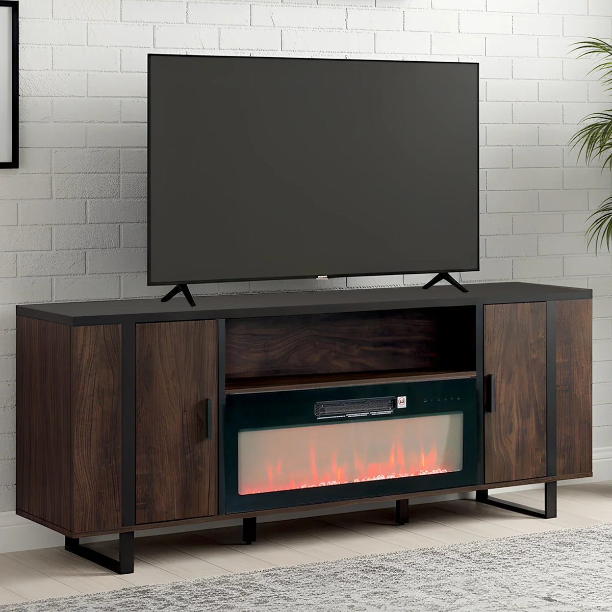 72 Inch Both Sides Open Shelves TV Stand with 36 Inch Electric Fireplace for Living Room