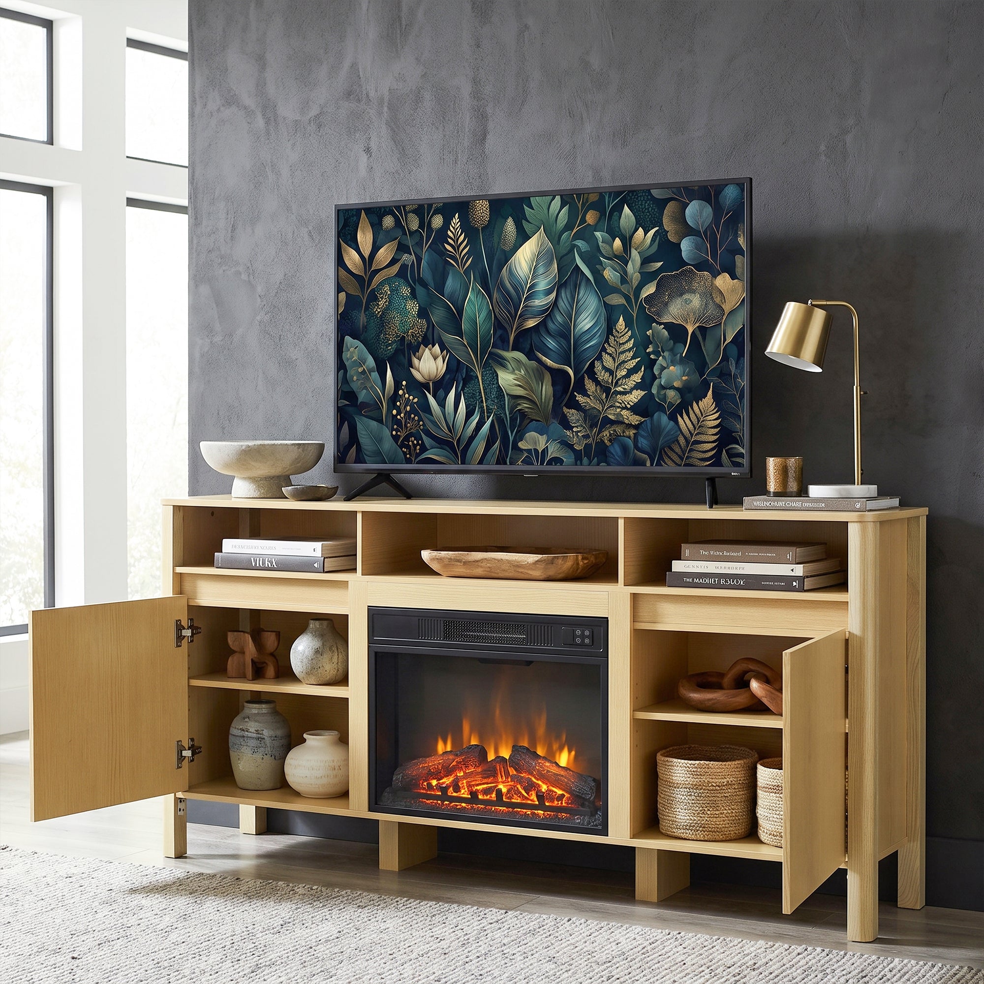 68 Inch Entertainment Center TV Stand with Storage Cabinets & Optional 24 Inch Electric Fireplace