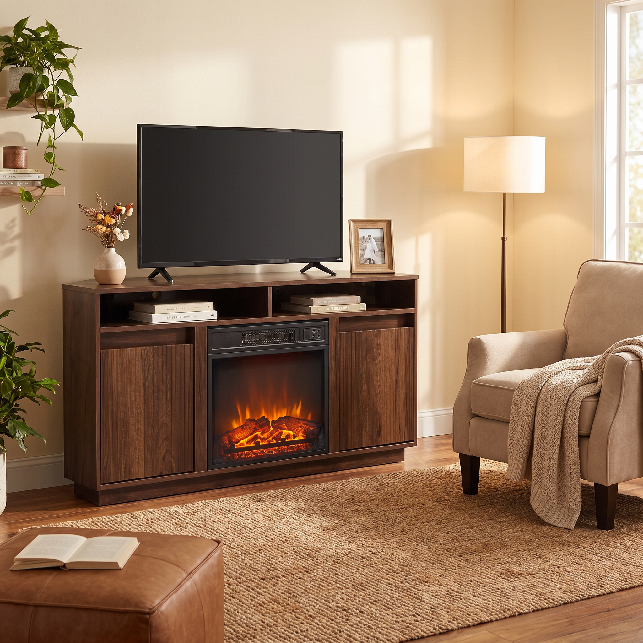 47 Inch Angled Corner Storage Cabinets TV Stand & Optional 19 Inch Electric Fireplace