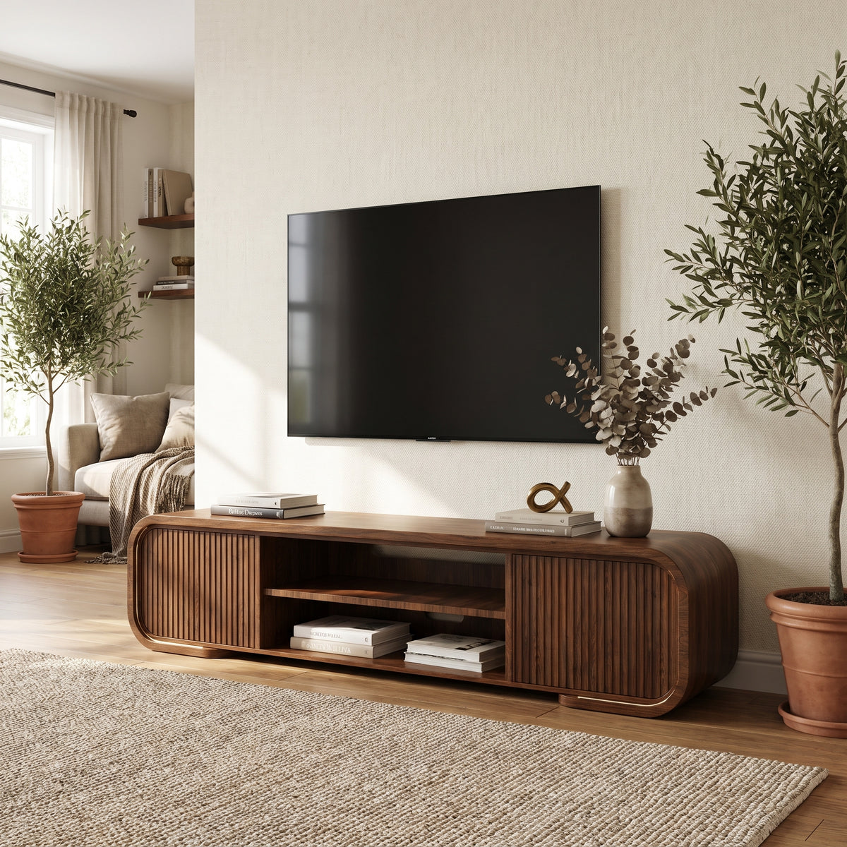 Modern Walnut TV Stand & Coffee Table with Color-Changing LED Lights, Optional 36-Inch Electric Fireplace