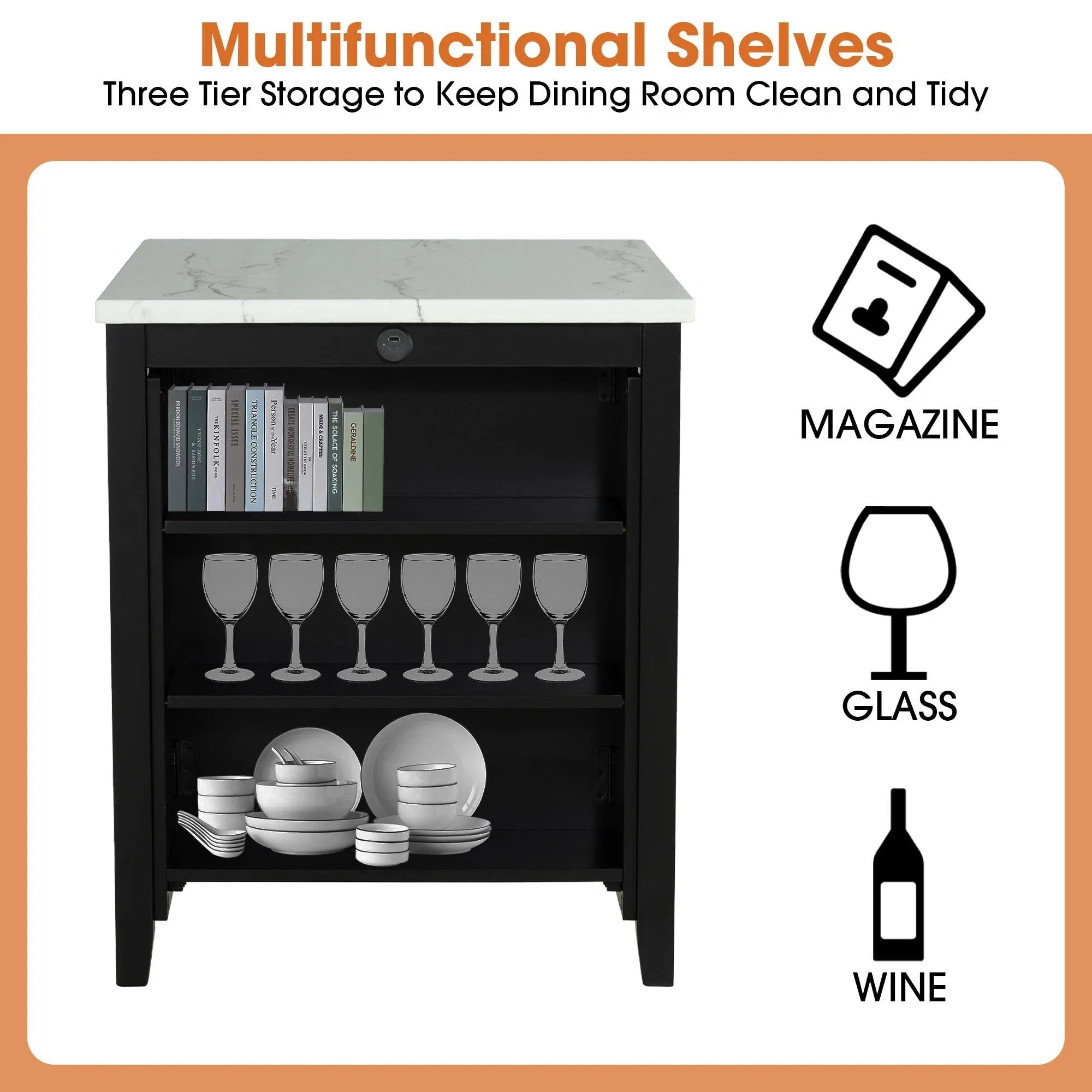 36" Modern Dining Table Set with 2 Stool, High Gloss Table Top, USB-A & USB-C Charging Ports
