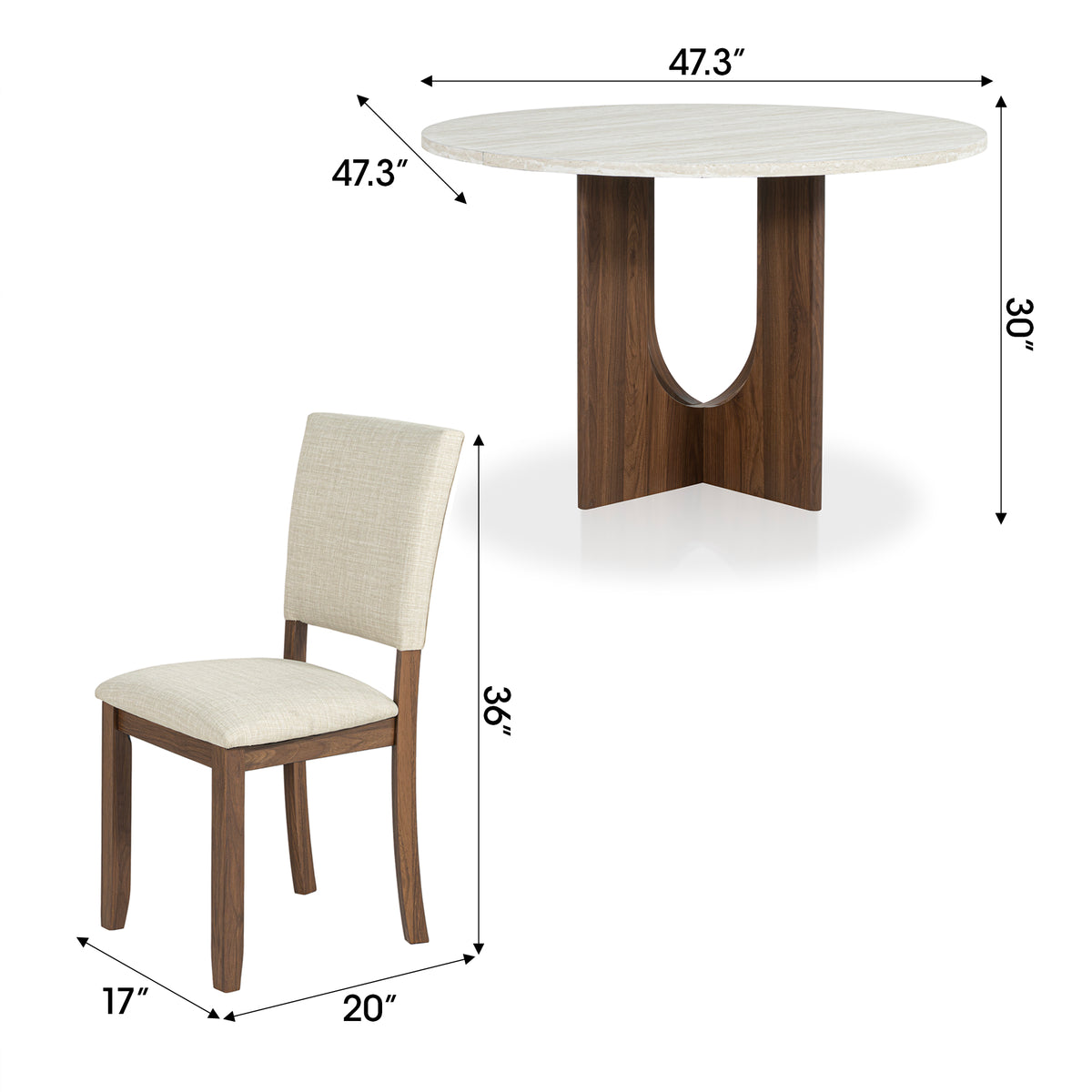 Round white marble dining table with walnut base and matching upholstered chair with dimensions.