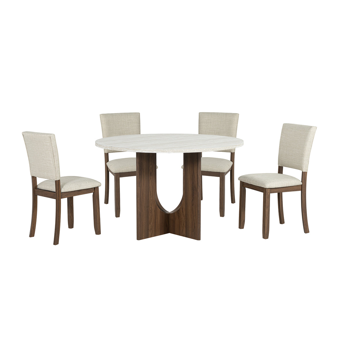 Round white marble dining table with walnut wood base and four beige upholstered chairs
