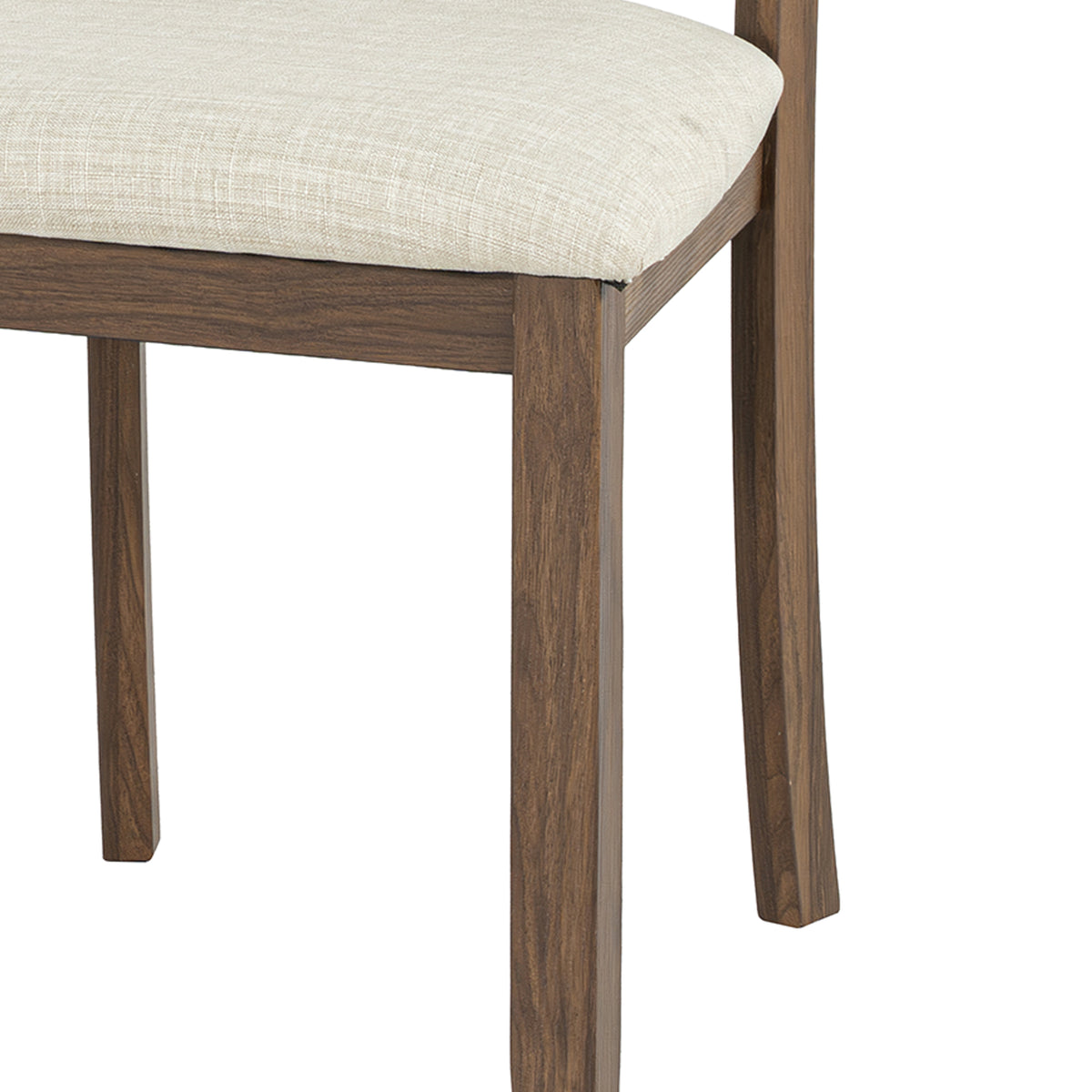 Close-up of a dining chair with a beige upholstered seat and walnut wood legs.