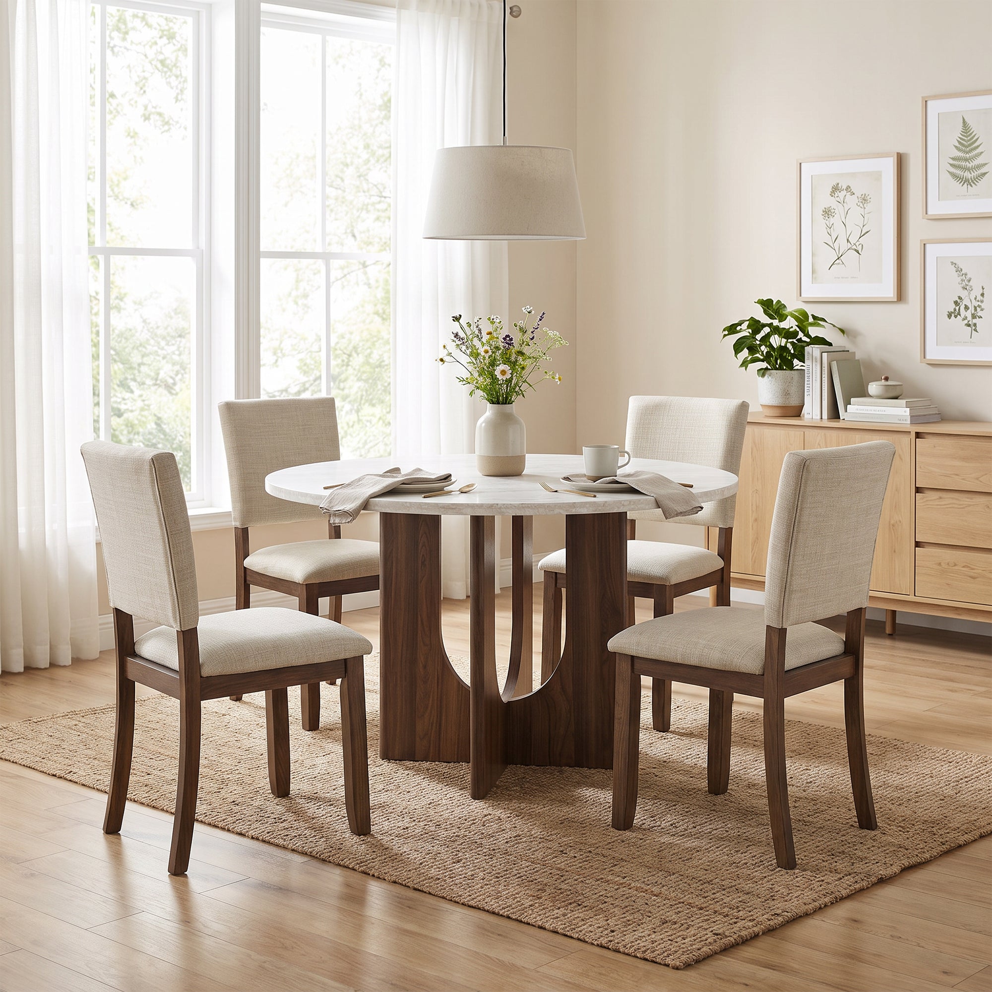 Round marble top dining table with four upholstered beige chairs on a jute rug