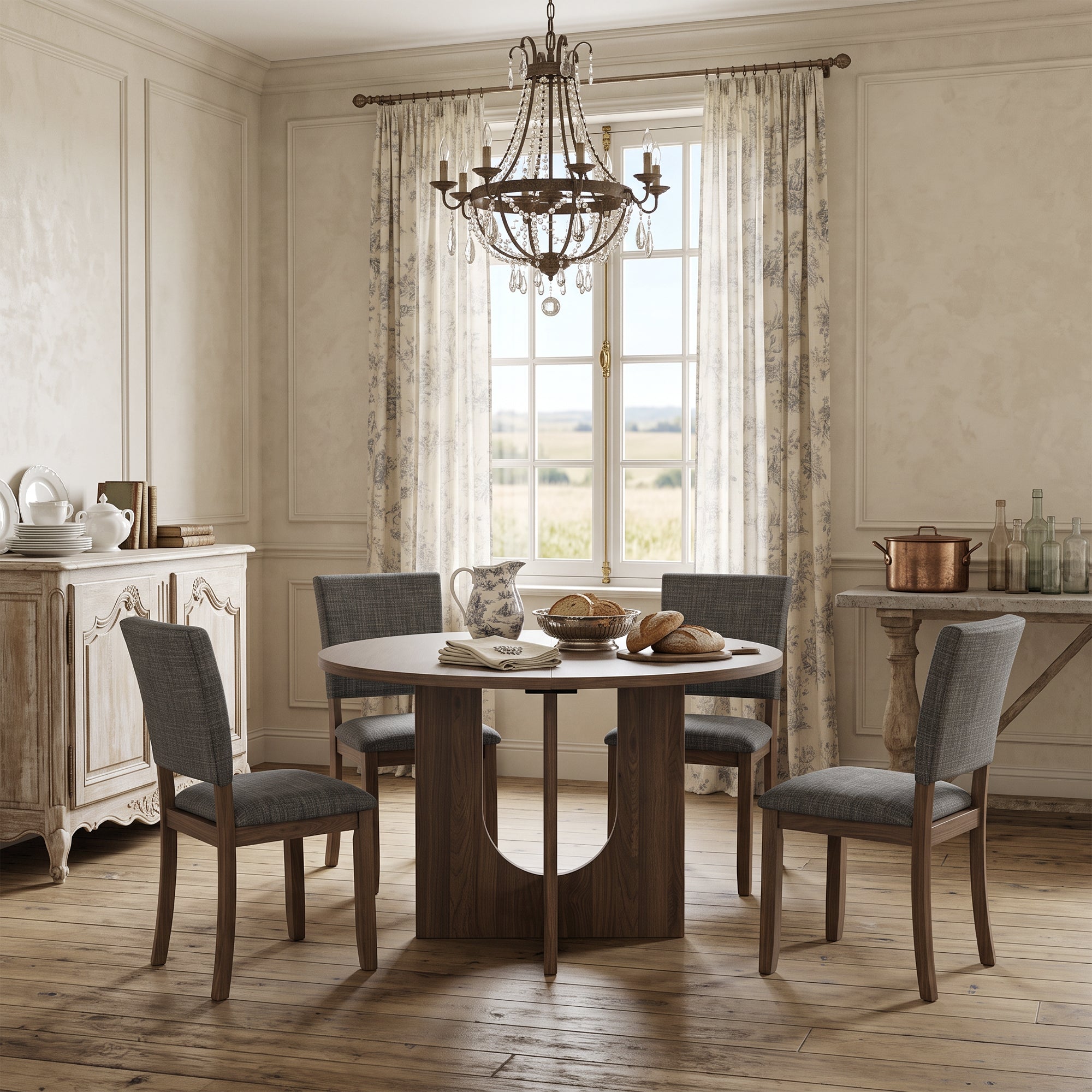 Elegant dining room featuring a round wooden table, gray upholstered chairs, and a crystal chandelier.