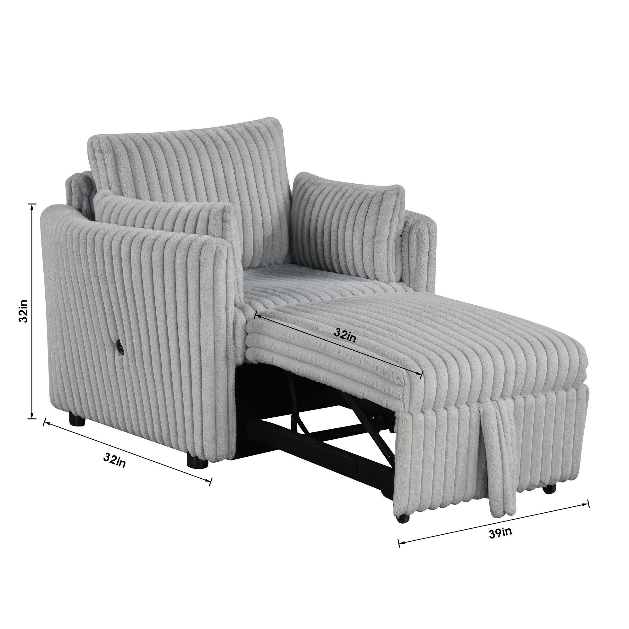 Light Gray Faux Fur Oversized Convertible Sleeper Sectional Sofa Couch Daybed and Chair Pull Out with 2 Pillows, USB Charging Ports for Living Room