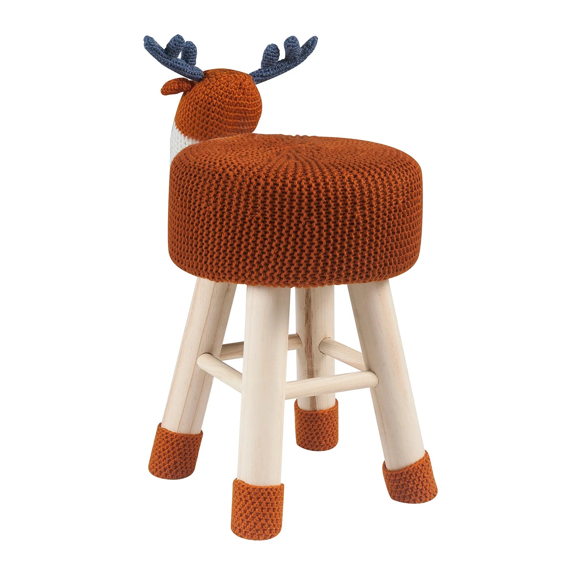 Woven Deer Pine Wood Legs Stool with Soft Plush Fabric for Kids