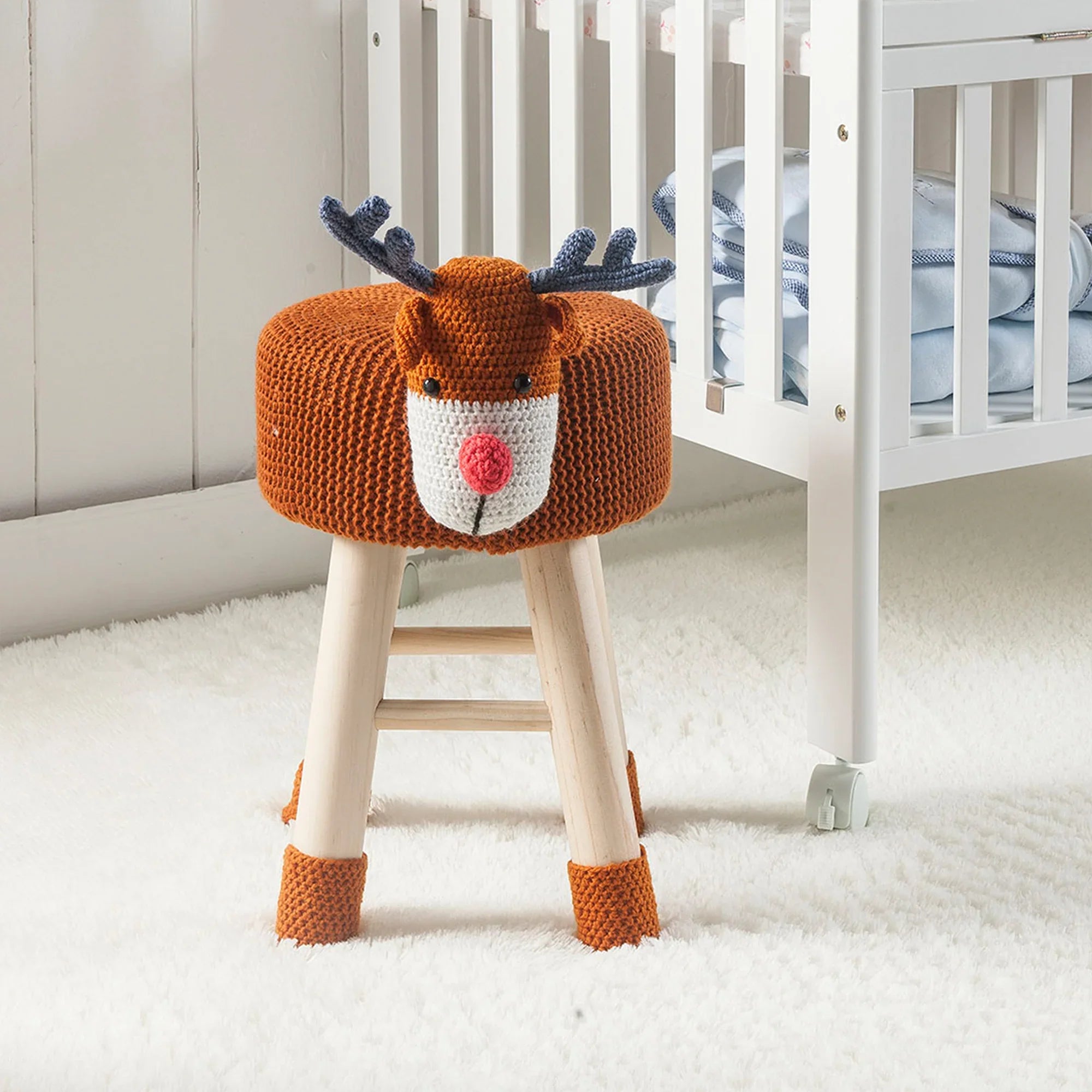 Woven Deer Pine Wood Legs Stool with Soft Plush Fabric for Kids
