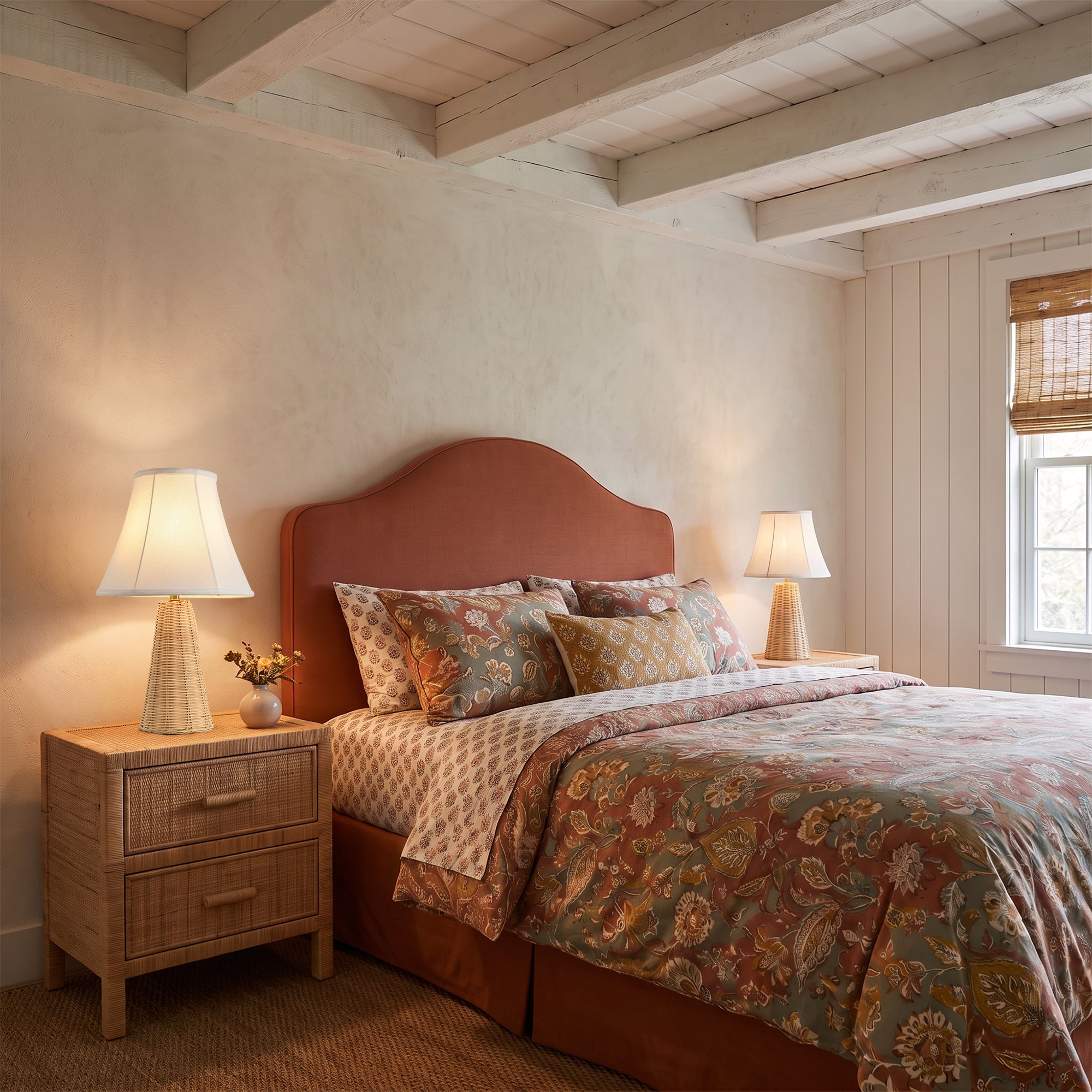 Rustic bedroom featuring a terracotta upholstered headboard and woven nightstands.