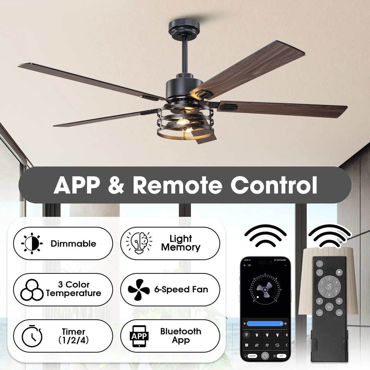 Vaczon 52 Inch 60 Inch Industrial Downrod Ceiling Fan with Light and APP & Remote Control