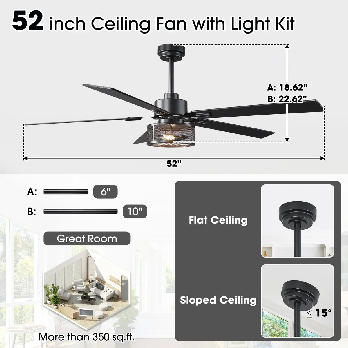Vaczon 42 Inch 52 Inch 60 Inch Eden Downrod Mount Ceiling Fan with Light and APP & Remote Control