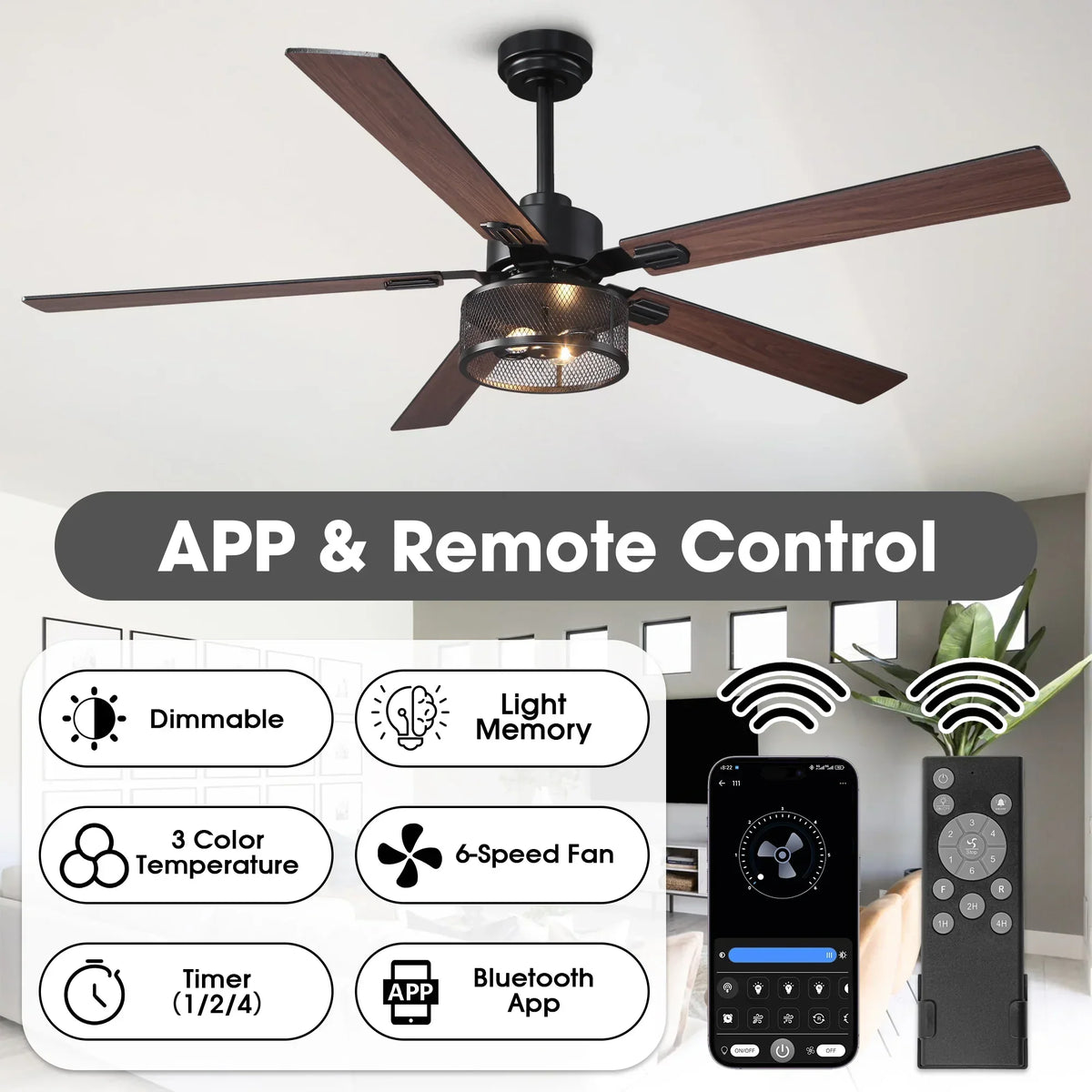 Vaczon 42 Inch 52 Inch 60 Inch Eden Downrod Mount Ceiling Fan with Light and APP & Remote Control