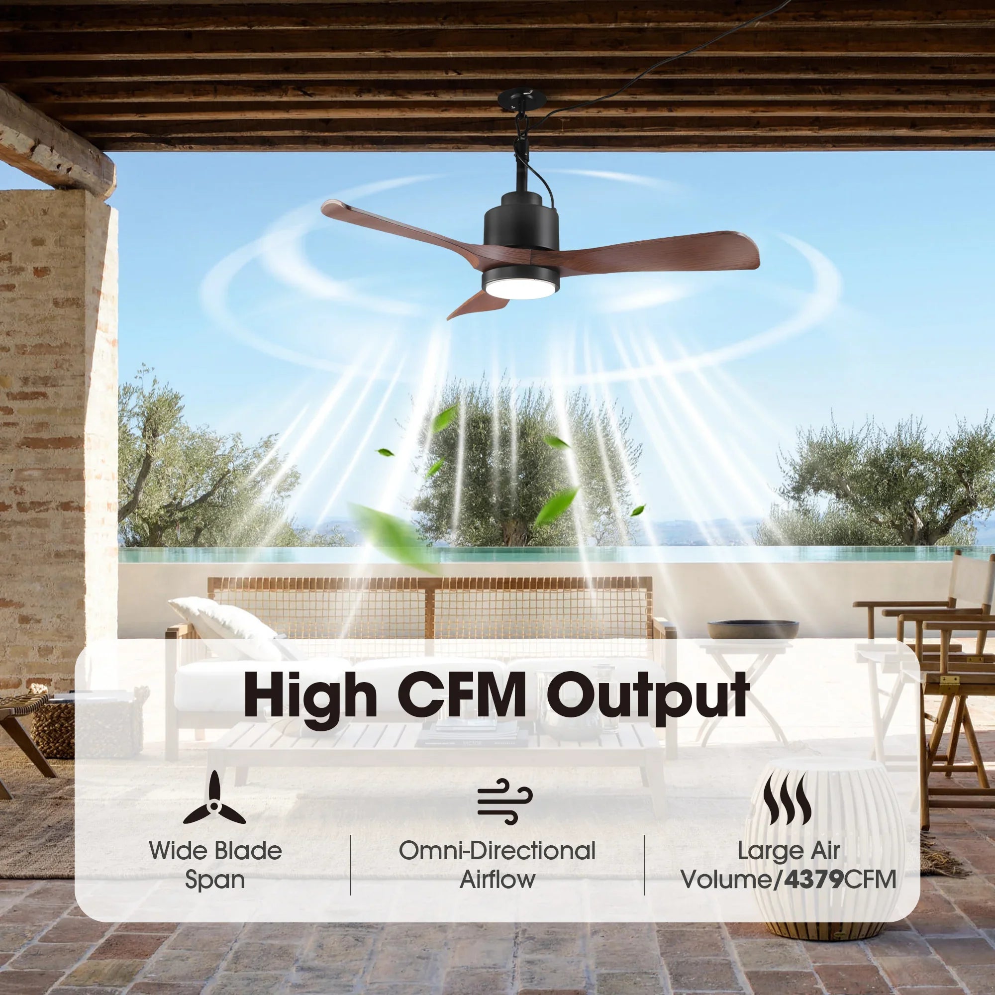 Vaczon 42 Inch IP54 Outdoor Hanging Buckle Downrod LED Fan with APP & Remote Control