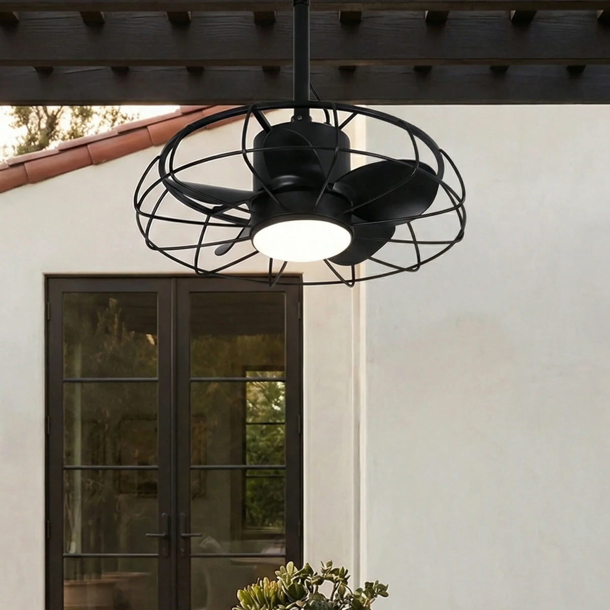 20 Inch Vistula Outdoor DC Motor Black Industrial Hanging Buckle Downrod Ceiling Fan with Light