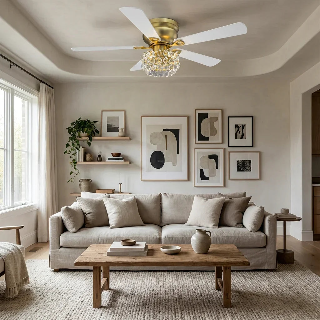 48 Inch Soft Brass Crystal Ornament Flush Mount Ceiling Fan with Light and Remote Control
