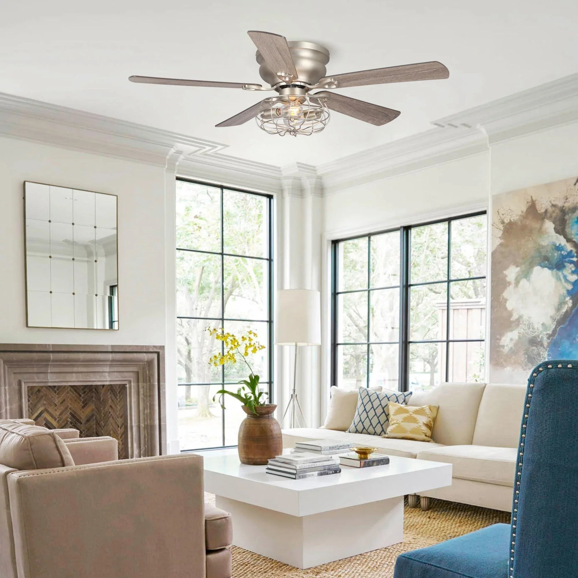 48" Thurber Industrial Satin Nickel Flush Mount Reversible Ceiling Fan with Lighting and Remote Control - ParrotUncle