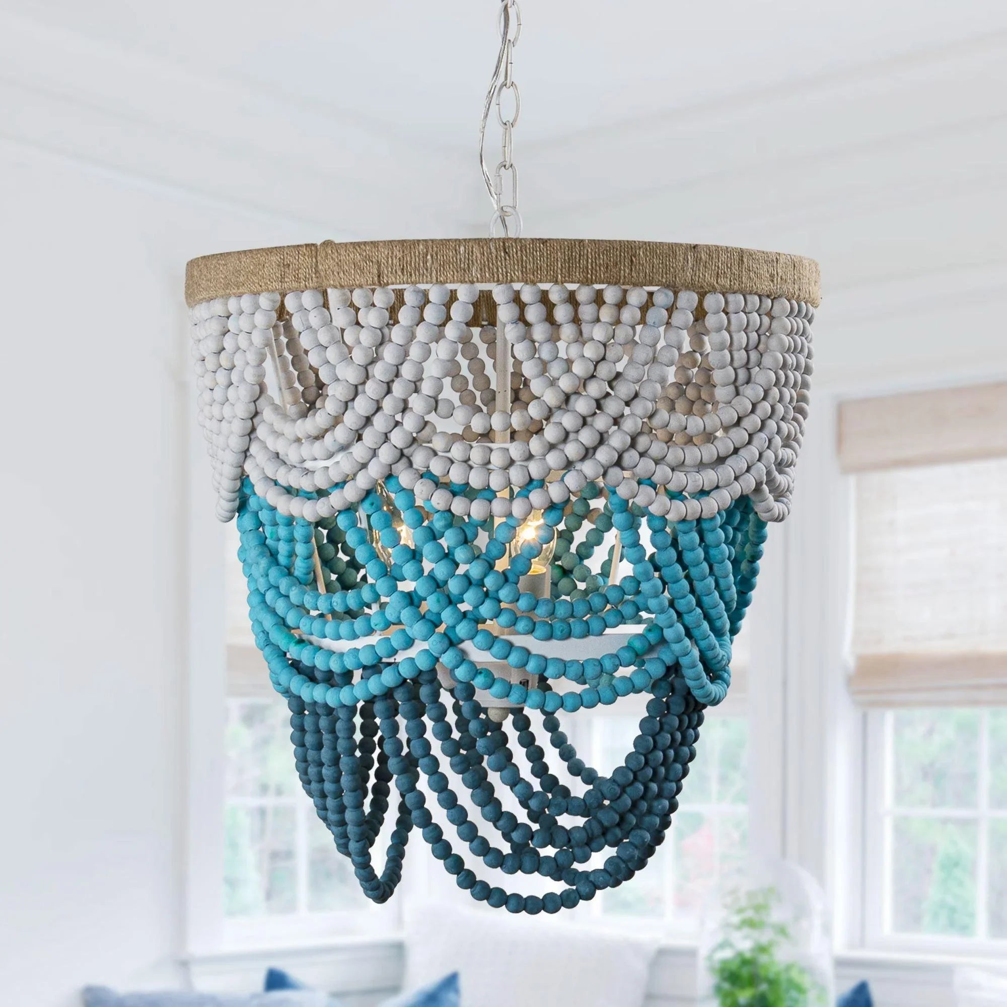 Hatfield 4-Light Bohemia Style Ombre Wood Beaded Tiered Chandelier - ParrotUncle