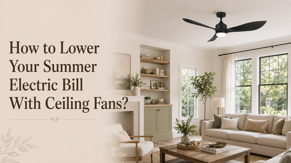 Modern black ceiling fan with integrated light in a bright living room.