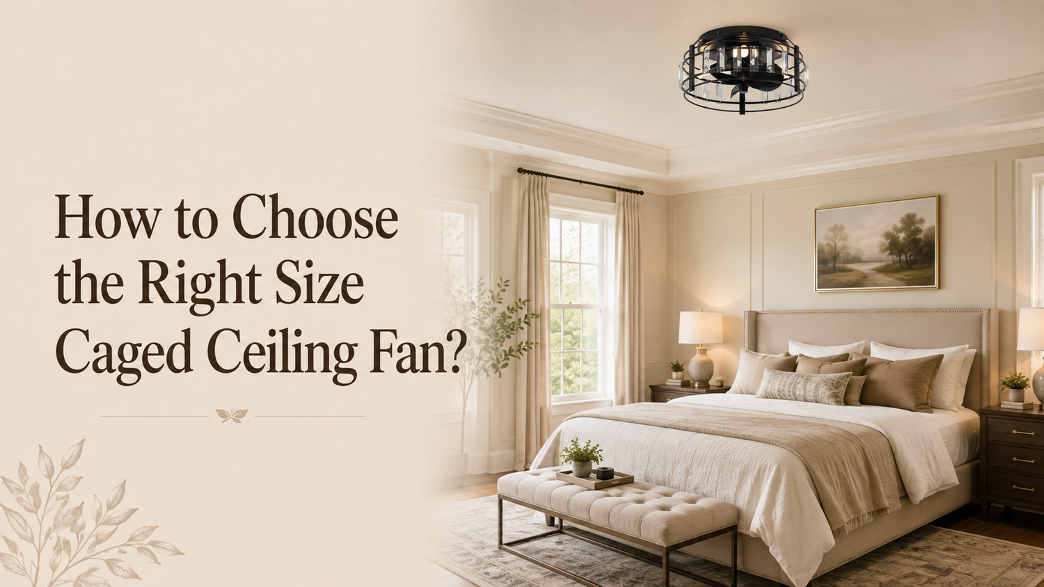 A black caged ceiling fan with integrated lights installed in a bedroom.