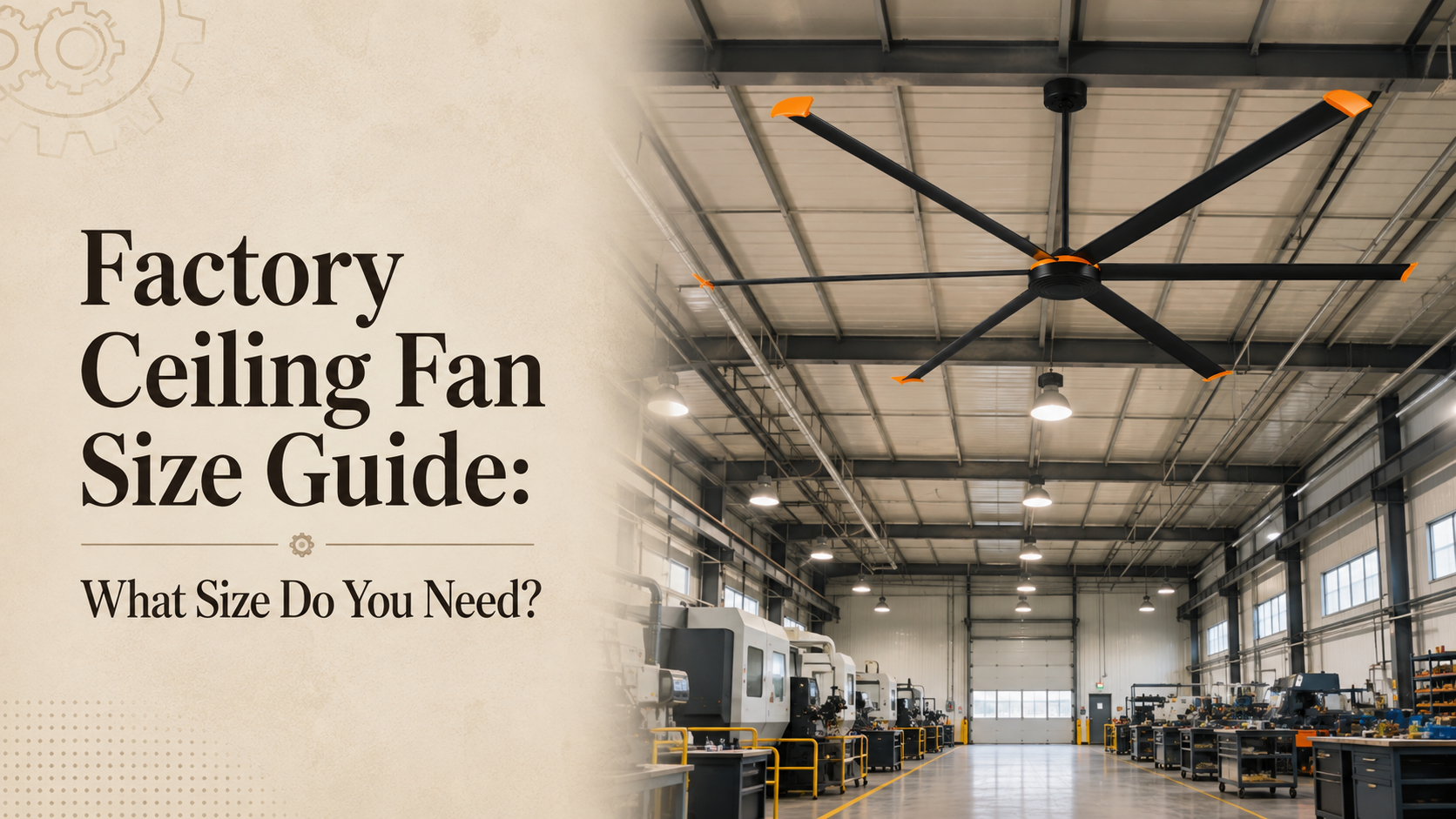 Large black industrial ceiling fan installed in a factory setting.