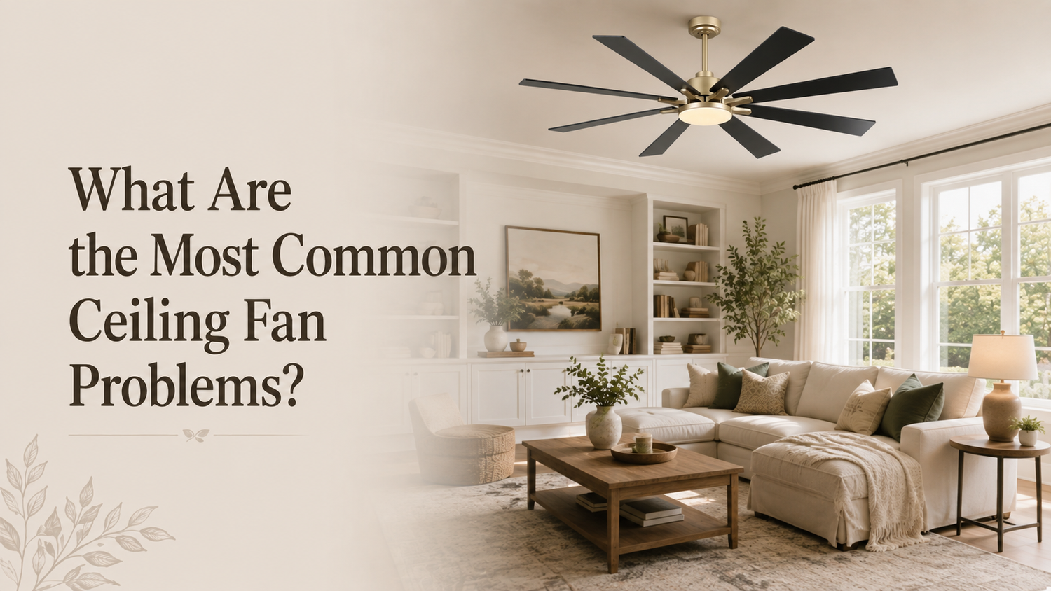 Modern black ceiling fan with gold accents and multiple blades installed in a living room.