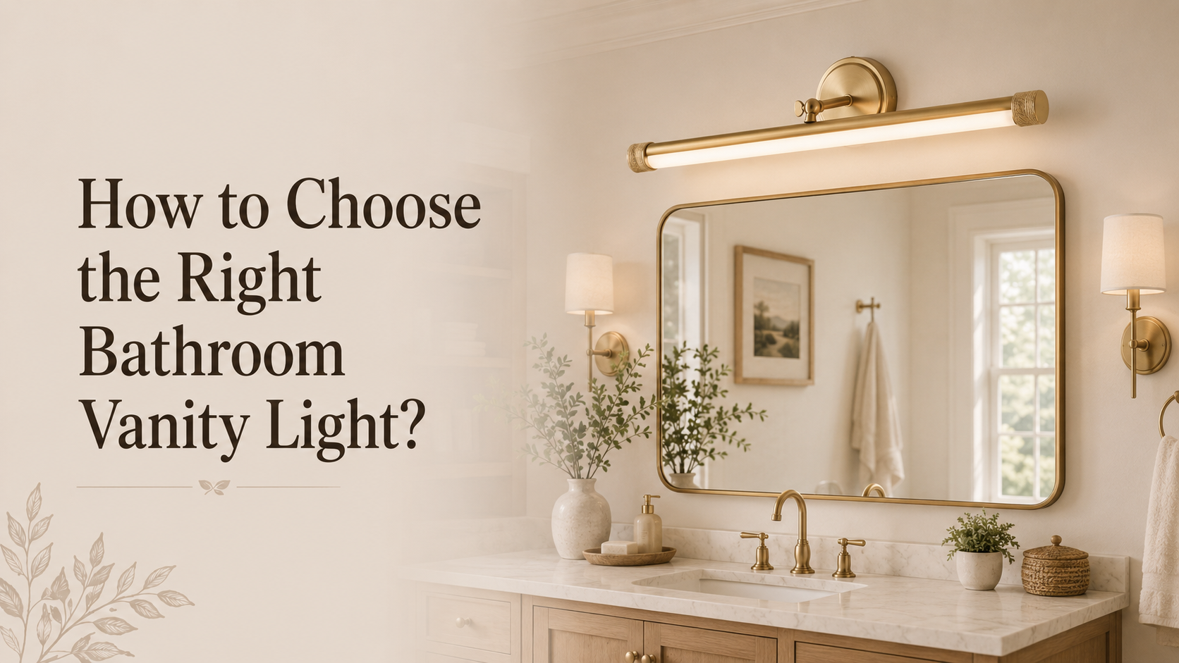 Modern bathroom vanity with gold light fixtures, mirror, and marble countertop.