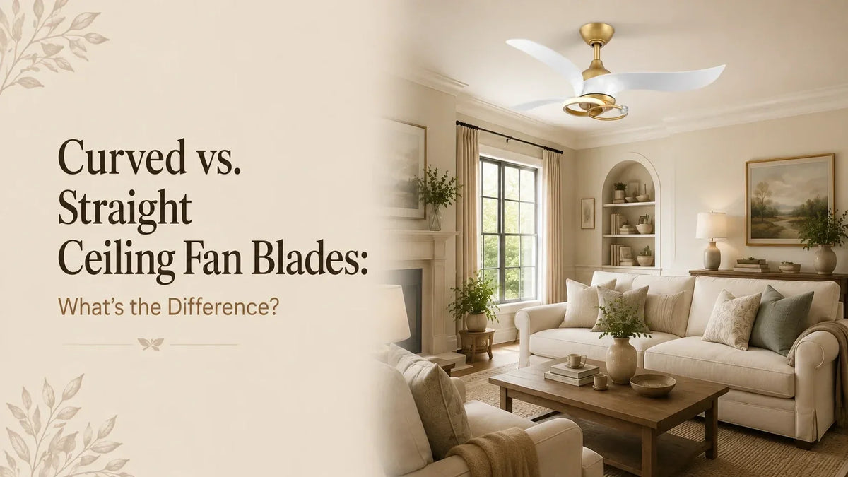 Modern white ceiling fan with curved blades and gold accents in a living room.