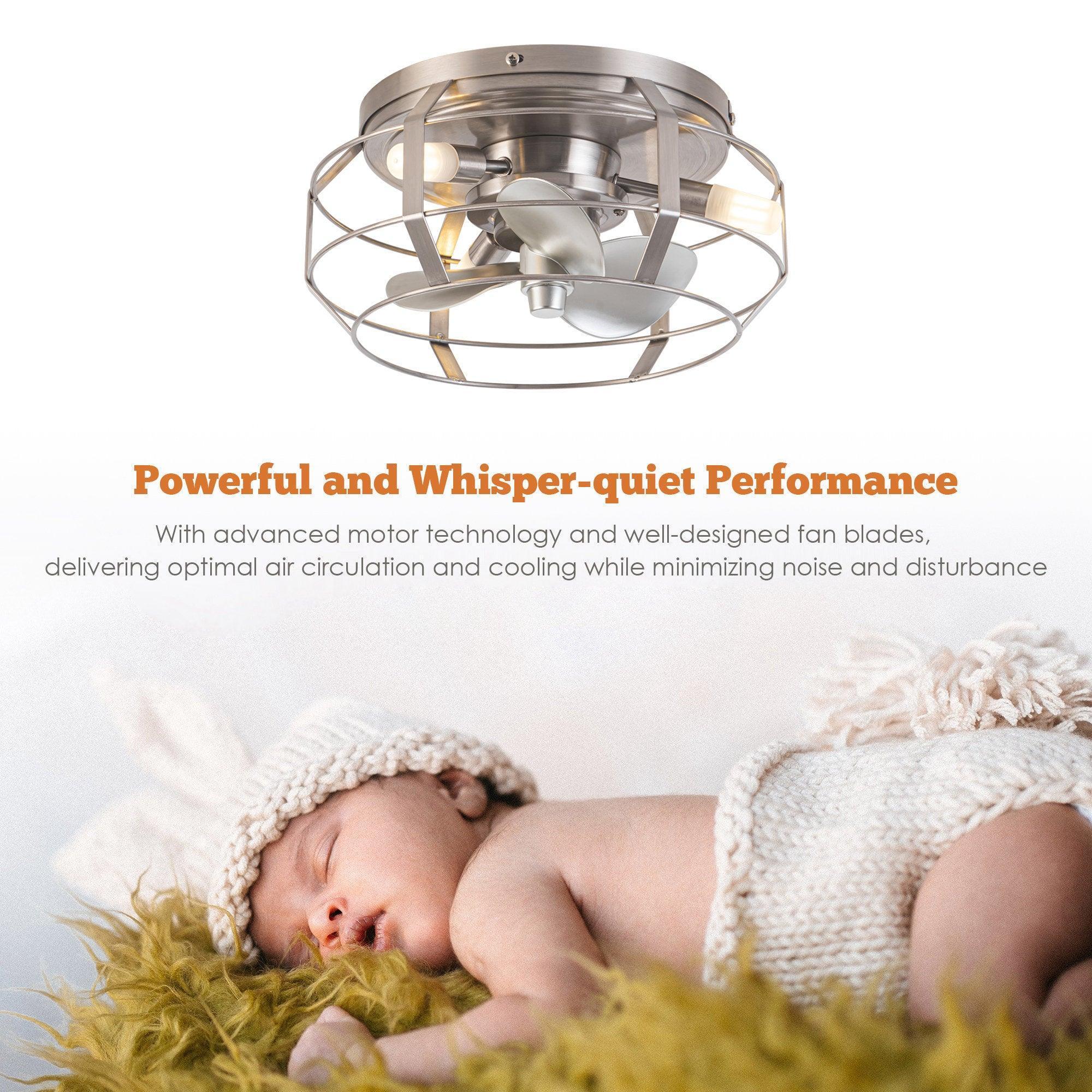 12" Industrial DC Motor Satin Nickel Flush Mount Reversible Iron Ceiling Fan with Lighting and Remote Control - ParrotUncle
