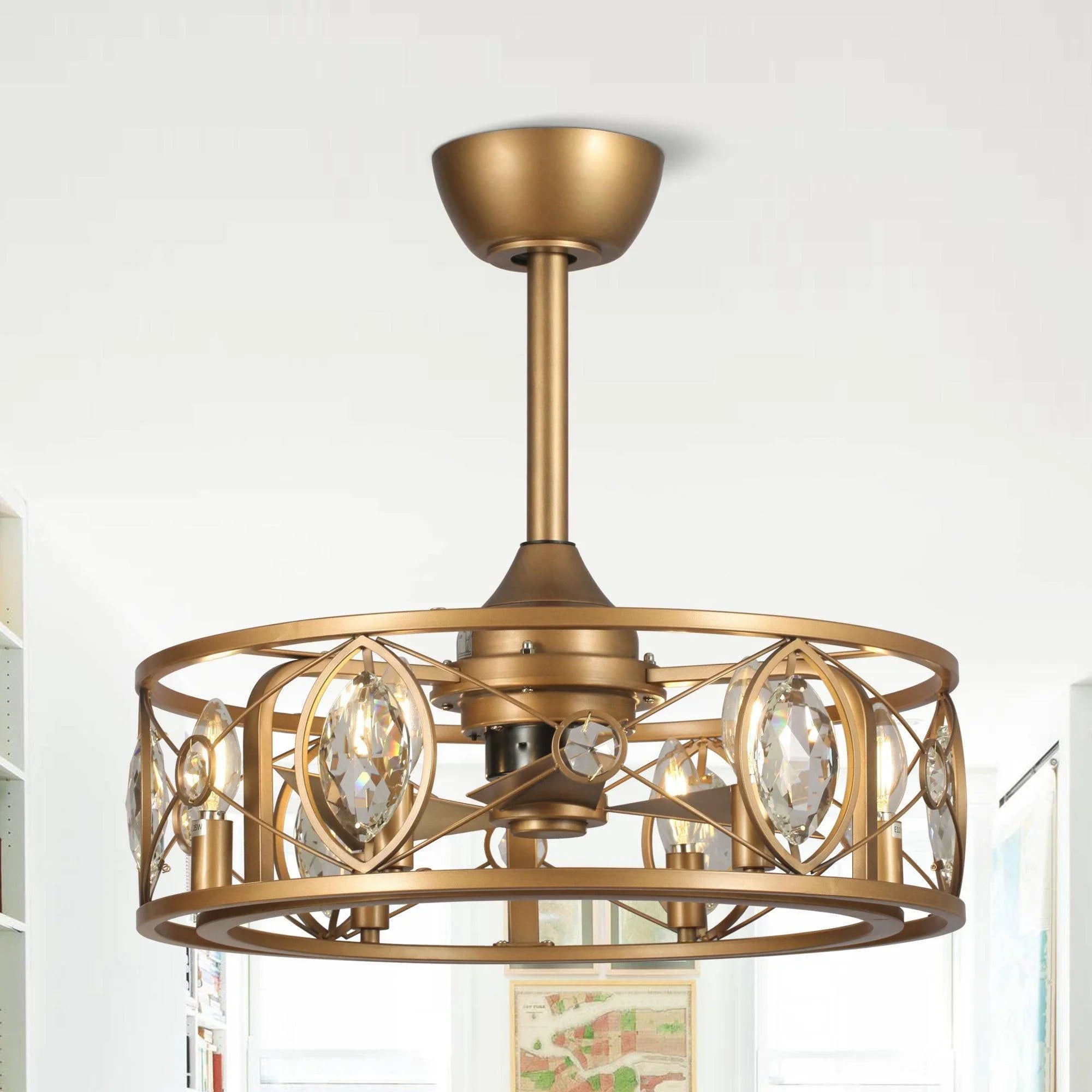 22" Kashmir Industrial Glod Reversible Crystal Fandelier Ceiling Fan with Lighting and Remote Control - ParrotUncle