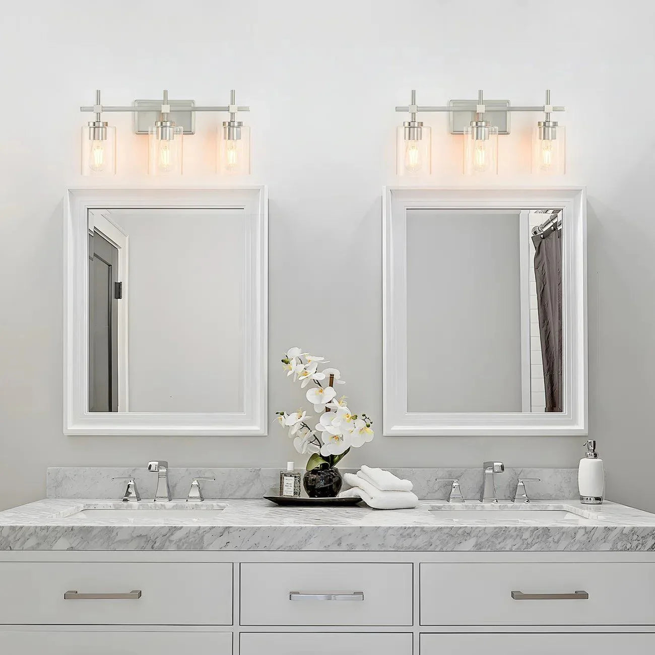 Jasper 3-Light Modern Clear Glass Bathroom Vanity Light, Black & Nickel