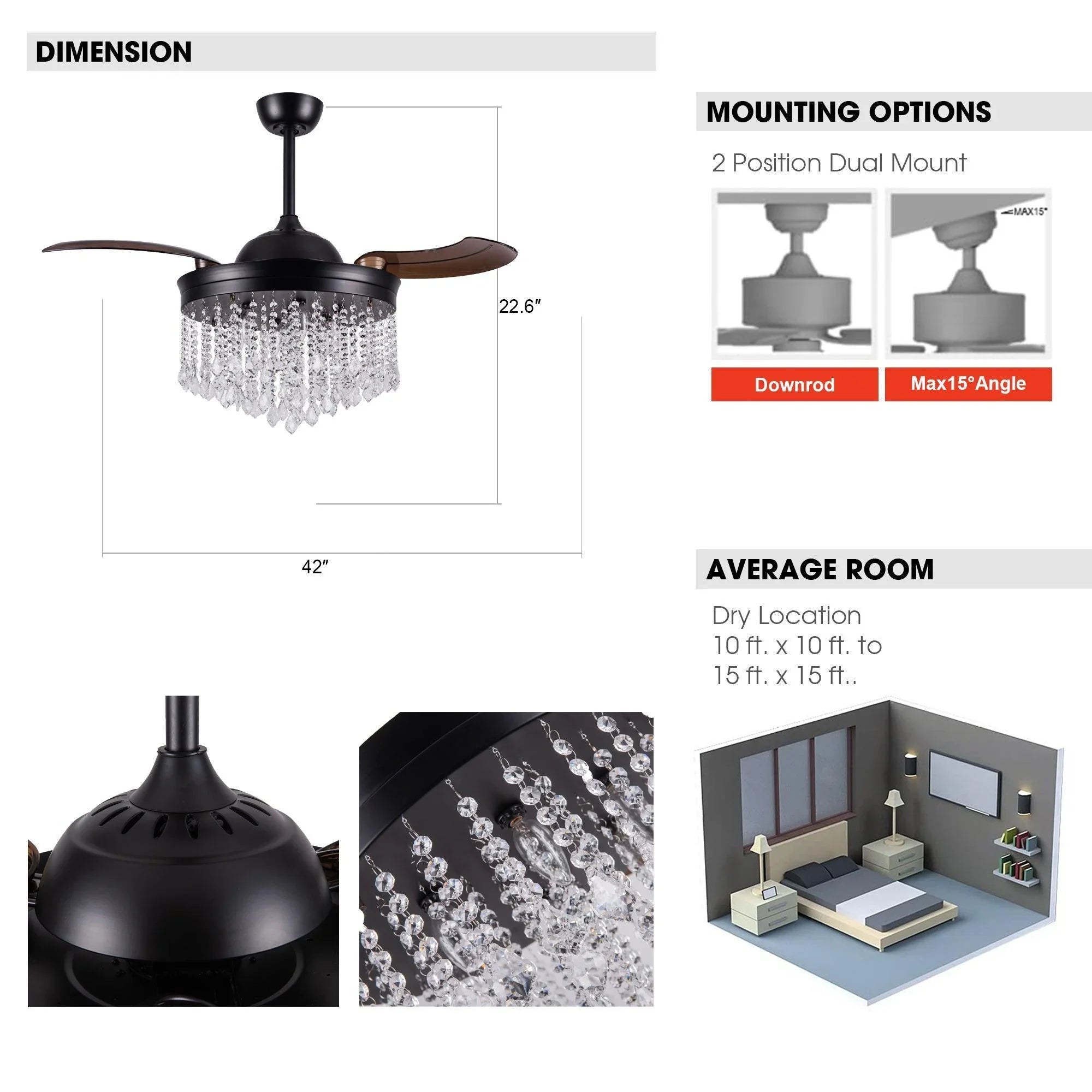42" Mateo Modern Downrod Mount Crystal Ceiling Fan with Lighting and Remote Control - ParrotUncle