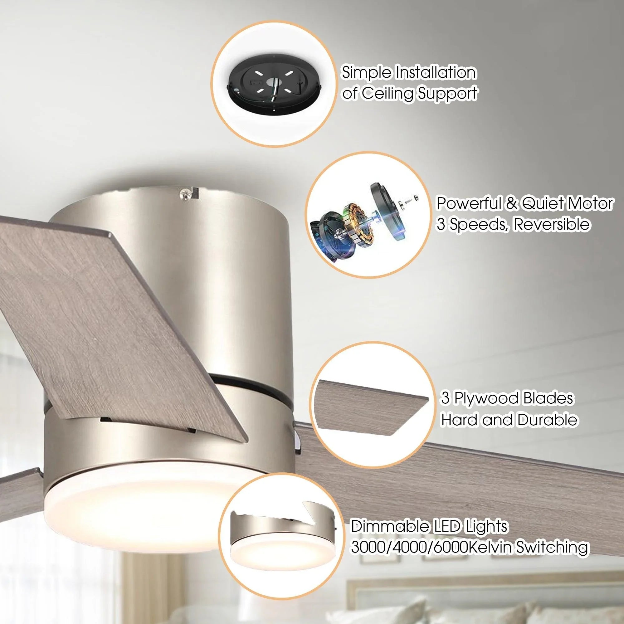 48" Modern Satin Nickel Flush Mount Reversible Ceiling Fan with Lighting and Remote Control - ParrotUncle