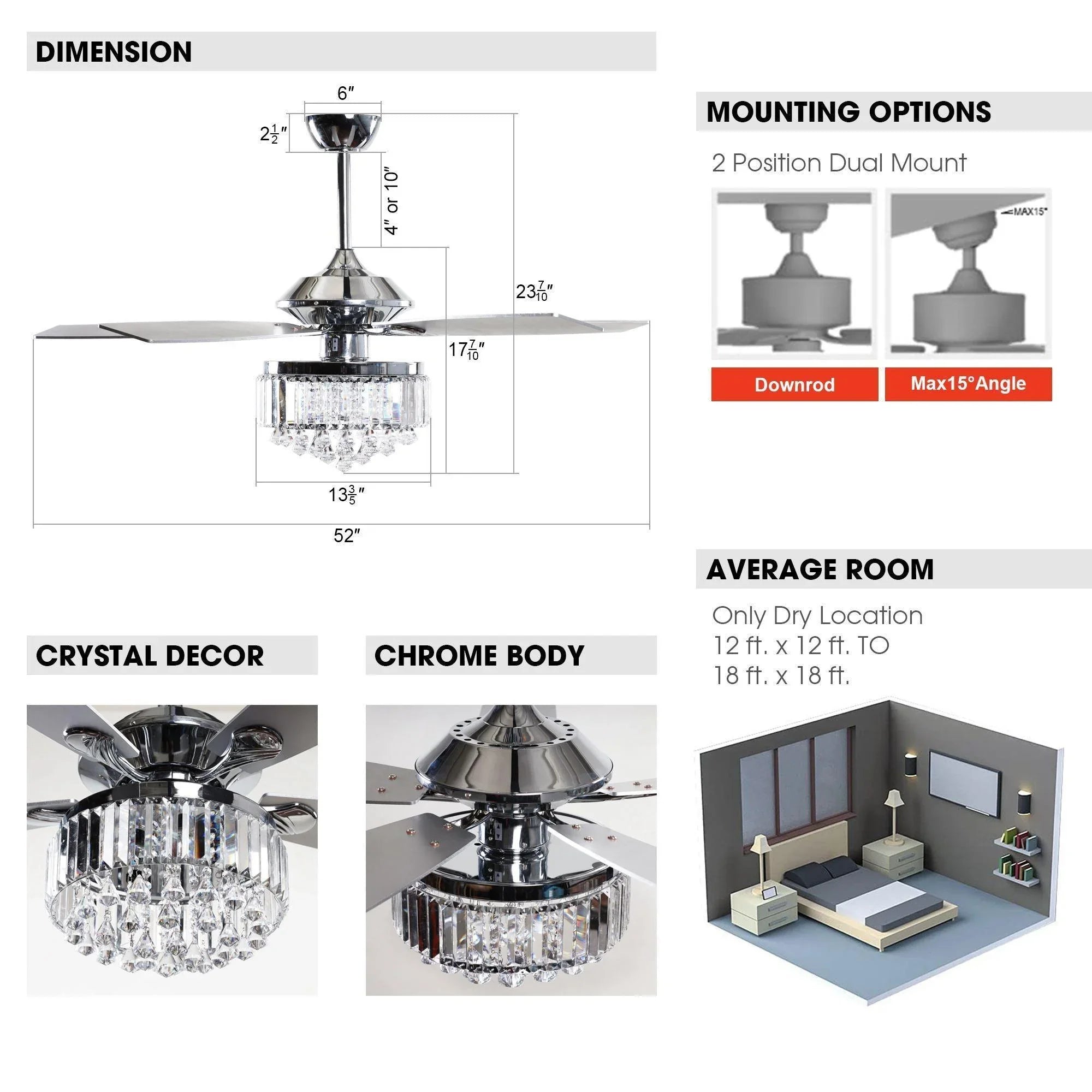 52" Elkton Modern Chrome Downrod Mount Reversible Crystal Ceiling Fan with Lighting and Remote Control - ParrotUncle