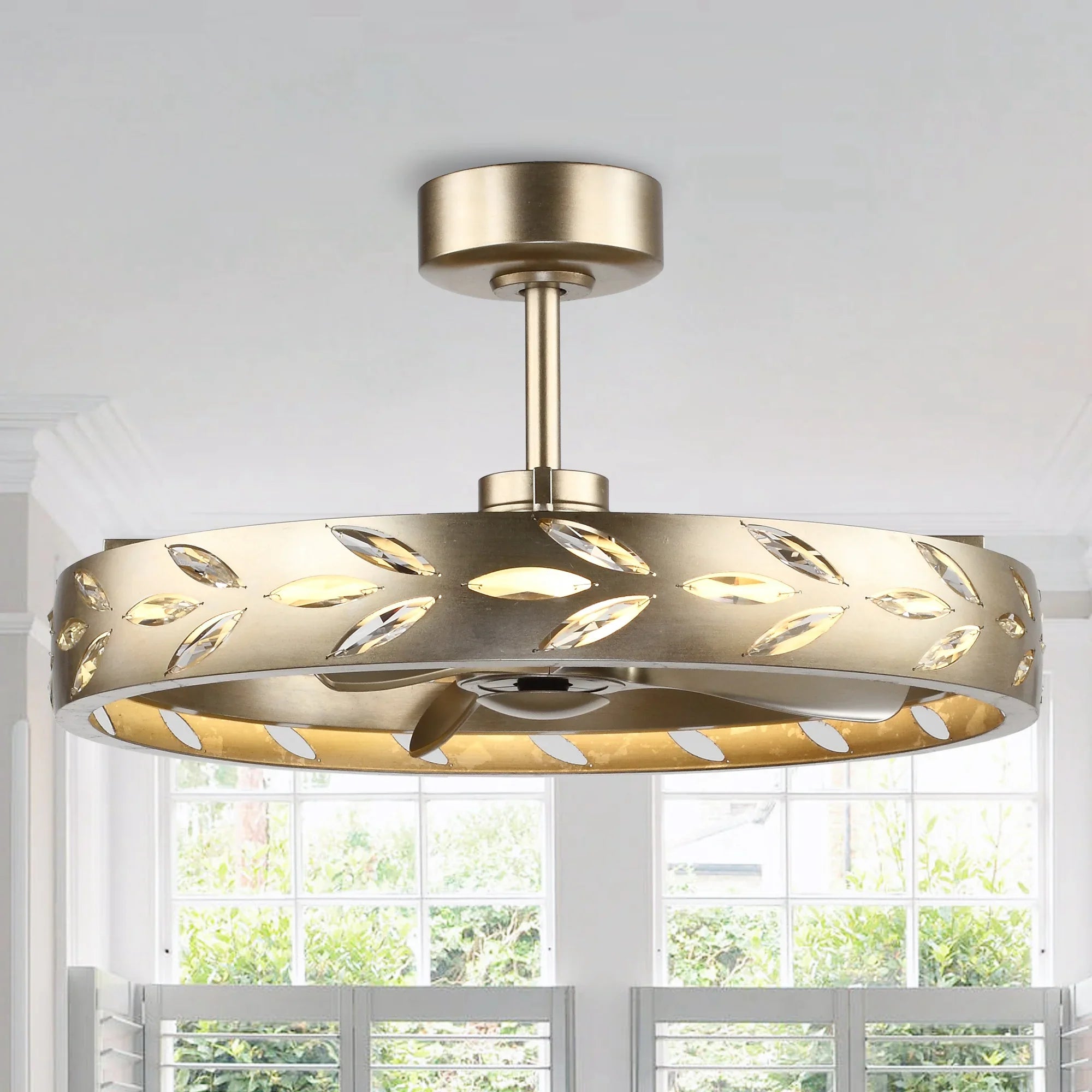 Perimost 29 Inch Antique Silver Downrod Mount Luxury Fandelier with Light and Remote Control
