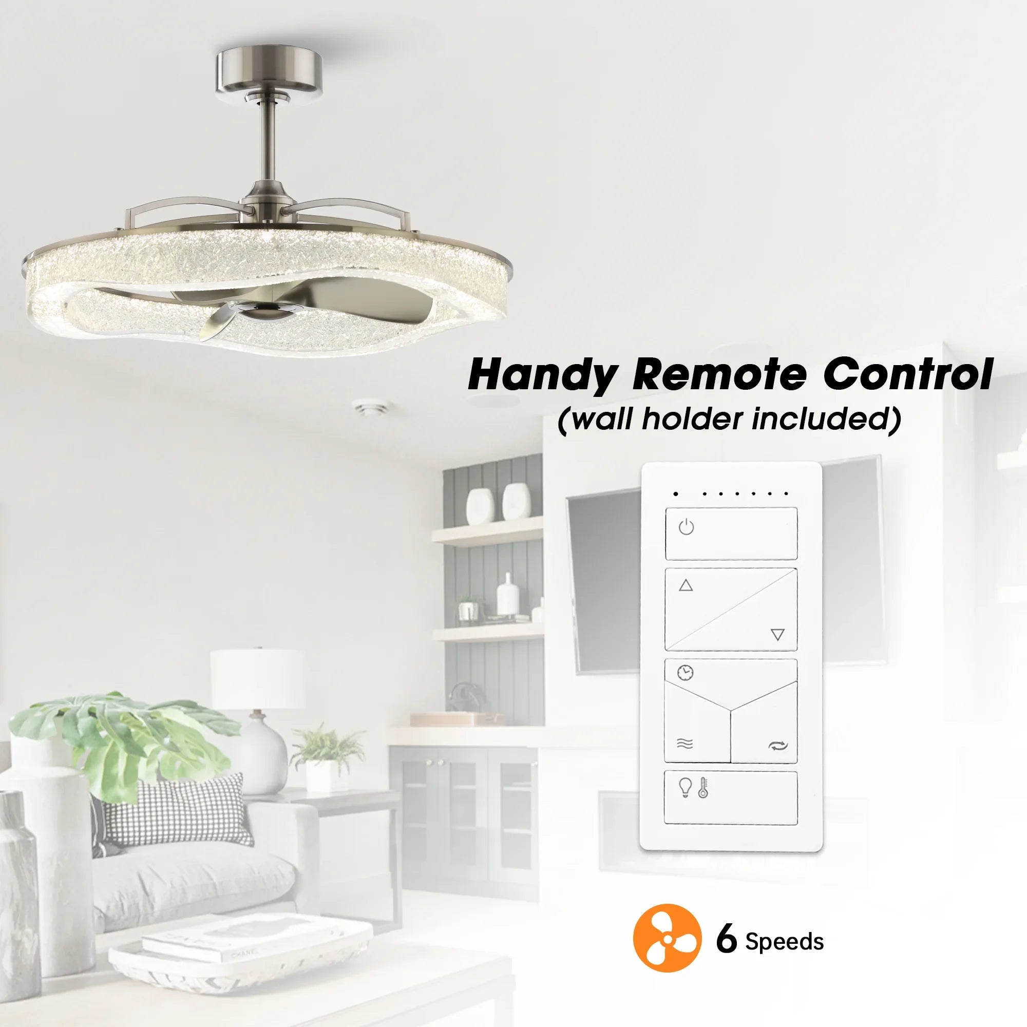 Perimost 33 Inch Satin Nickel Downrod Mount Luxury Fandelier with Light and Remote Control