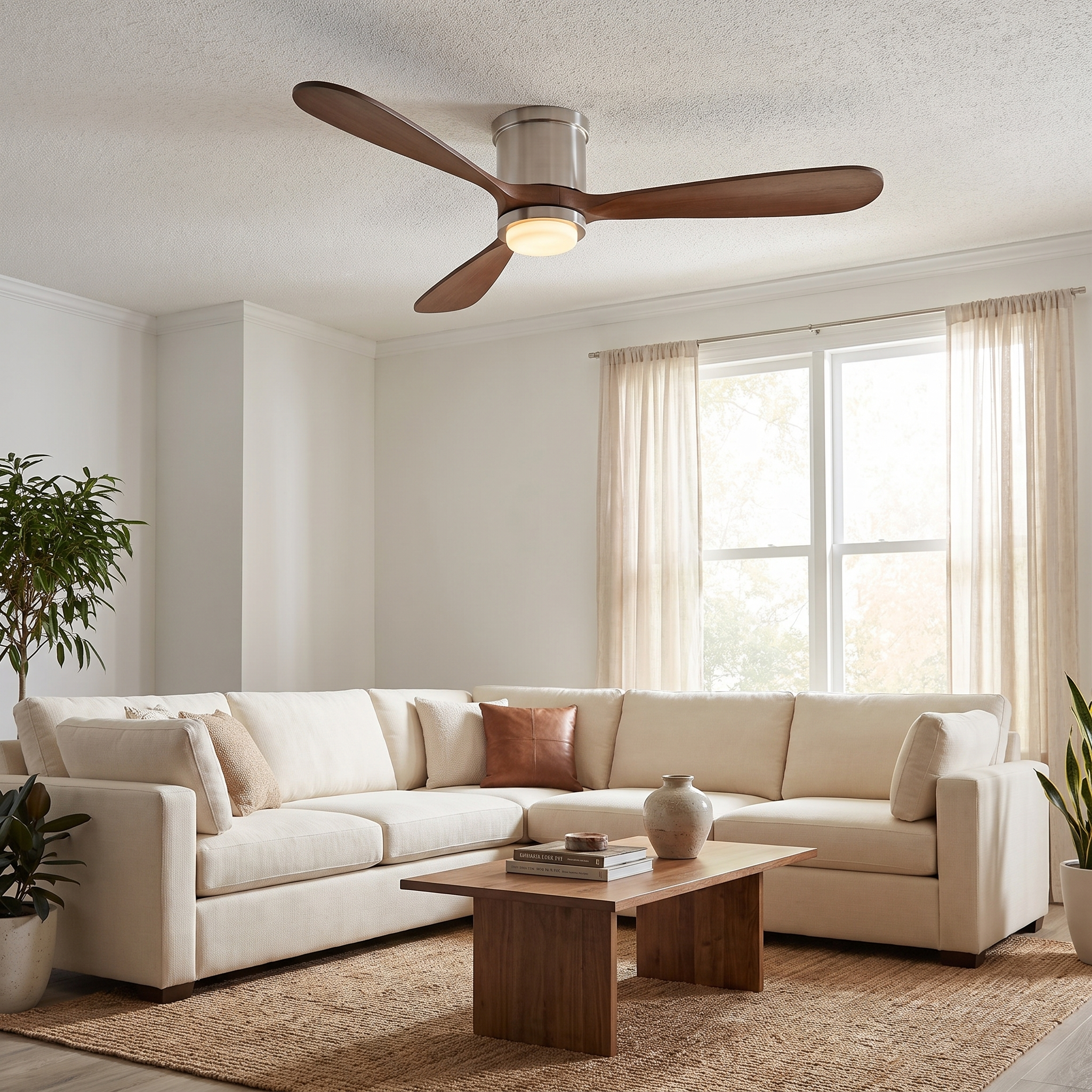 Modern three-blade wood ceiling fan with integrated LED light fixture