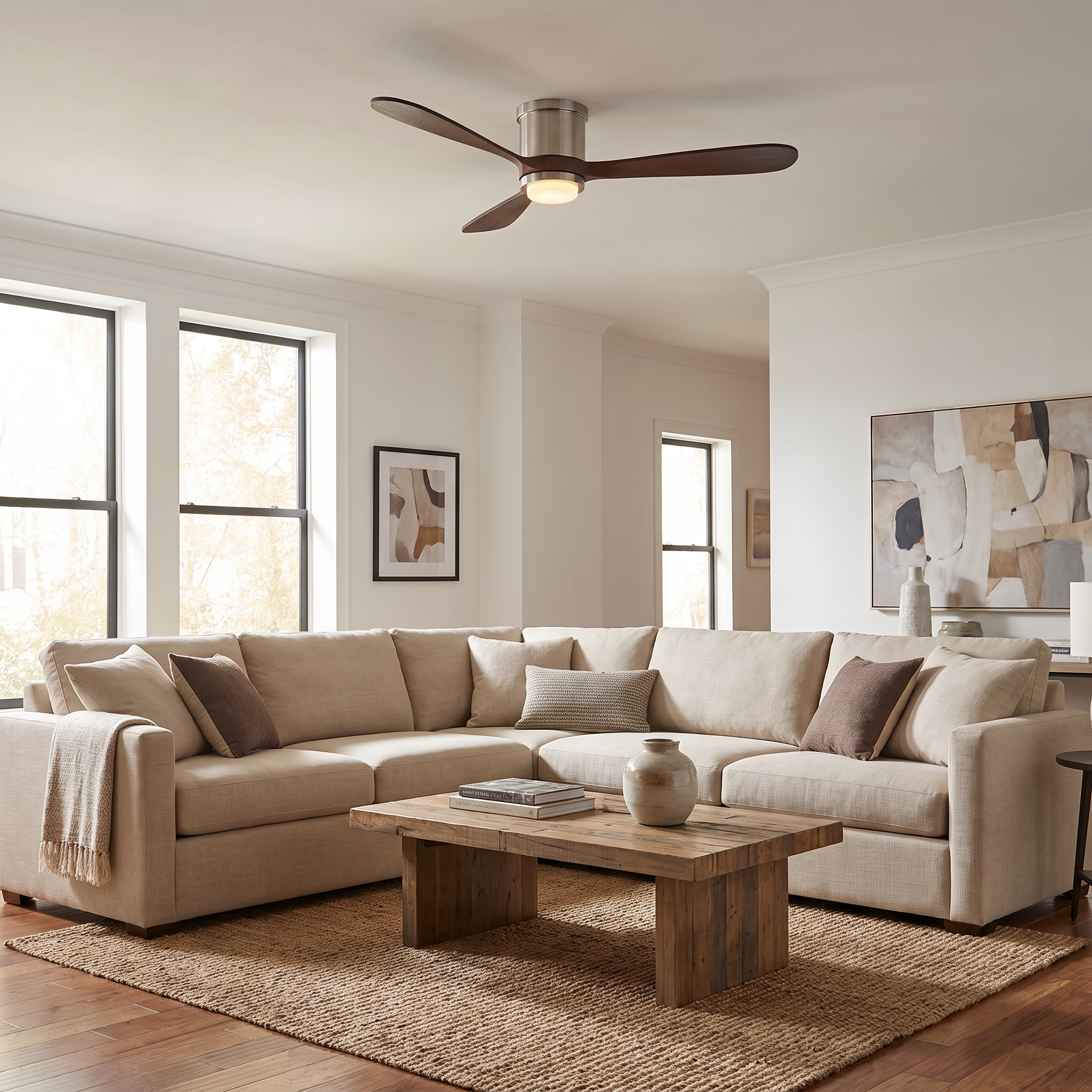 Modern three-blade dark wood ceiling fan with integrated LED light fixture.