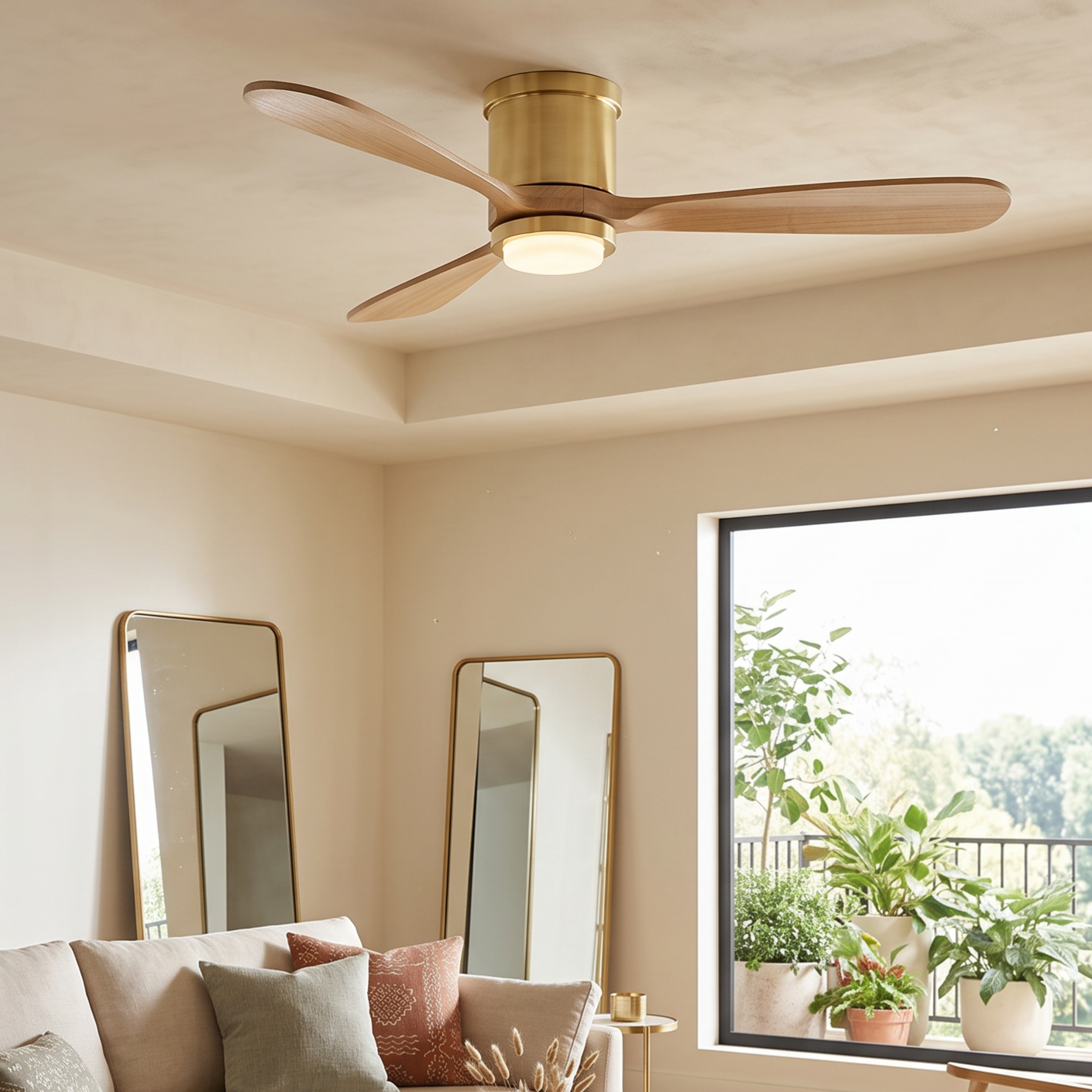 Modern ceiling fan with wooden blades and integrated light fixture