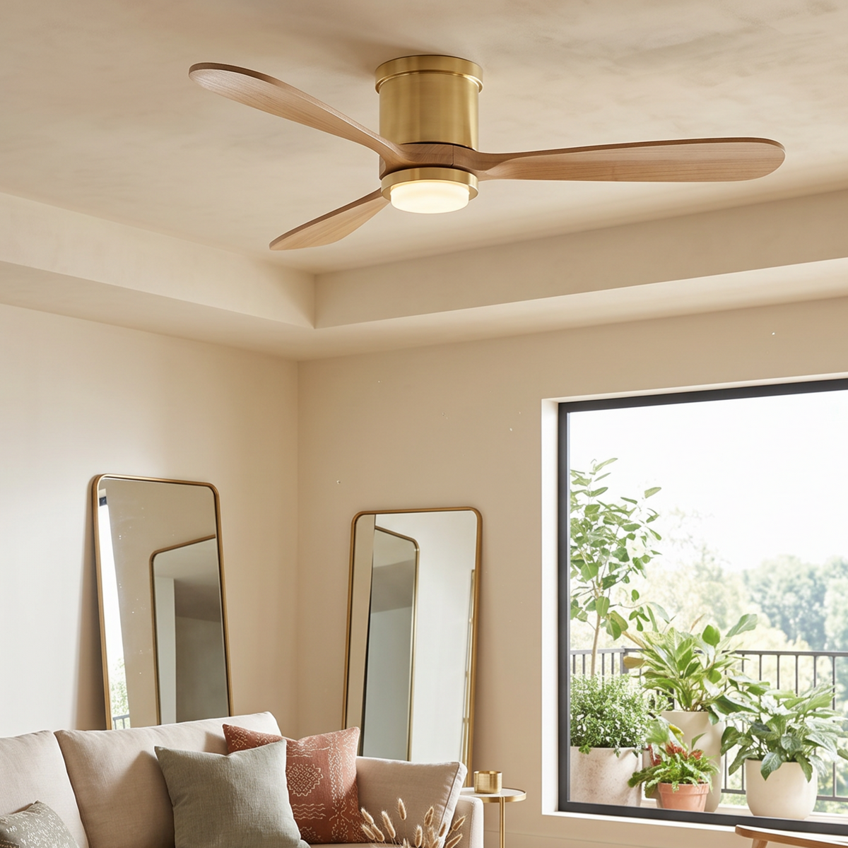 Modern ceiling fan with wooden blades and integrated light fixture