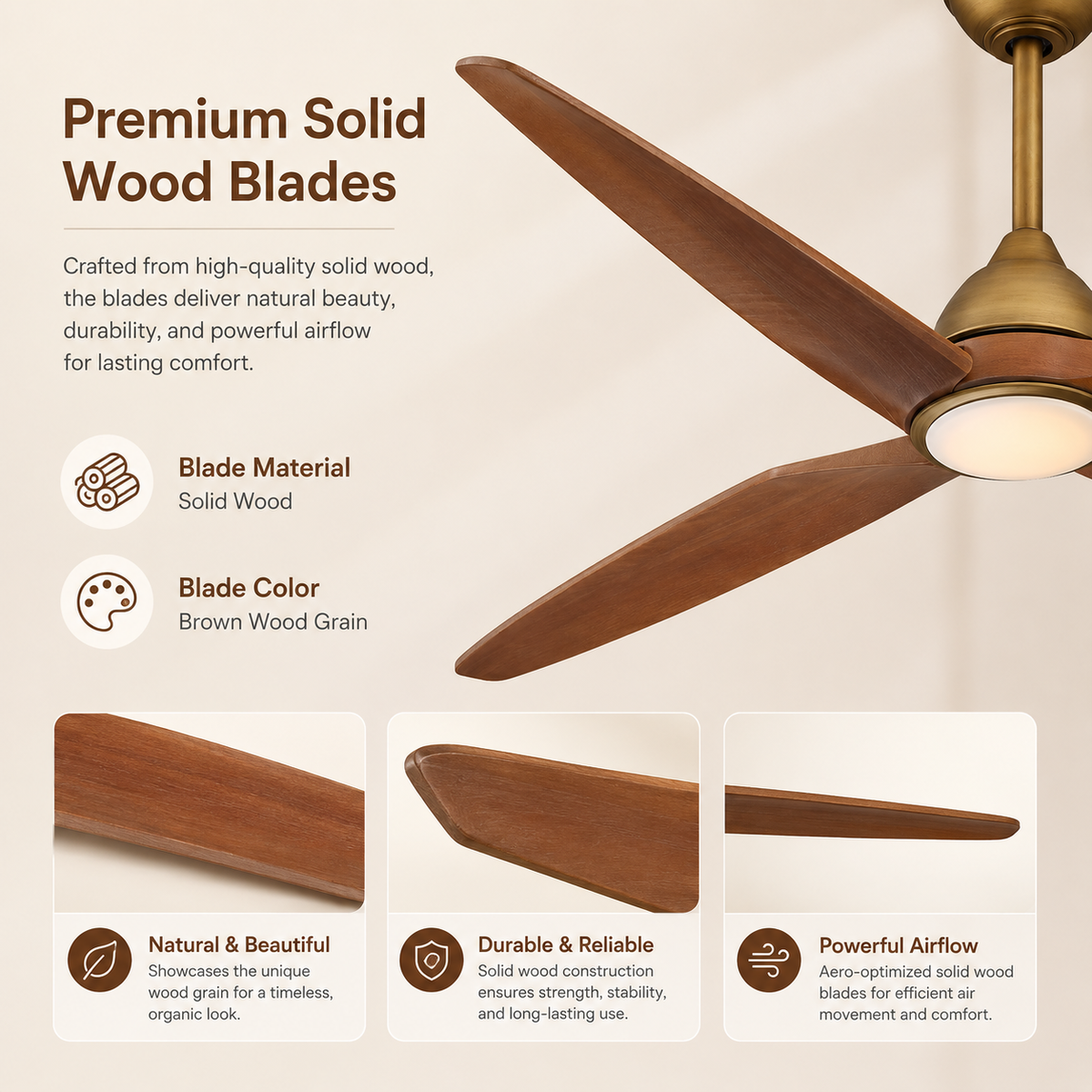 Ceiling fan with premium brown solid wood blades and a gold finish.