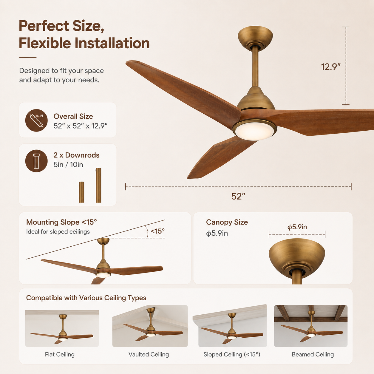 Modern brass ceiling fan with wood blades and integrated light, showing size and installation specs.
