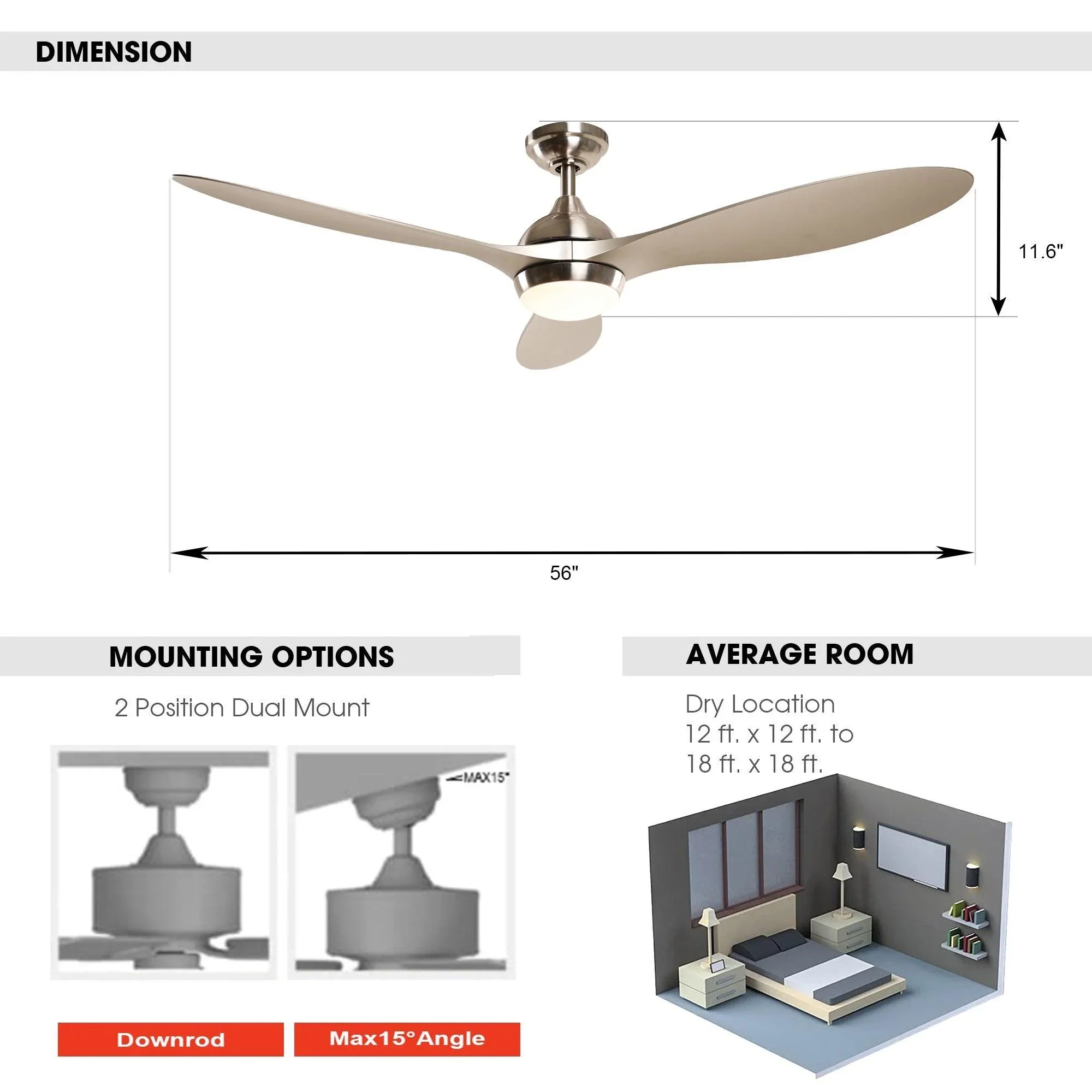 56" Bernardino Modern Brushed Nickel DC Motor Downrod Mount Reversible Ceiling Fan with Lighting and Remote Control - ParrotUncle